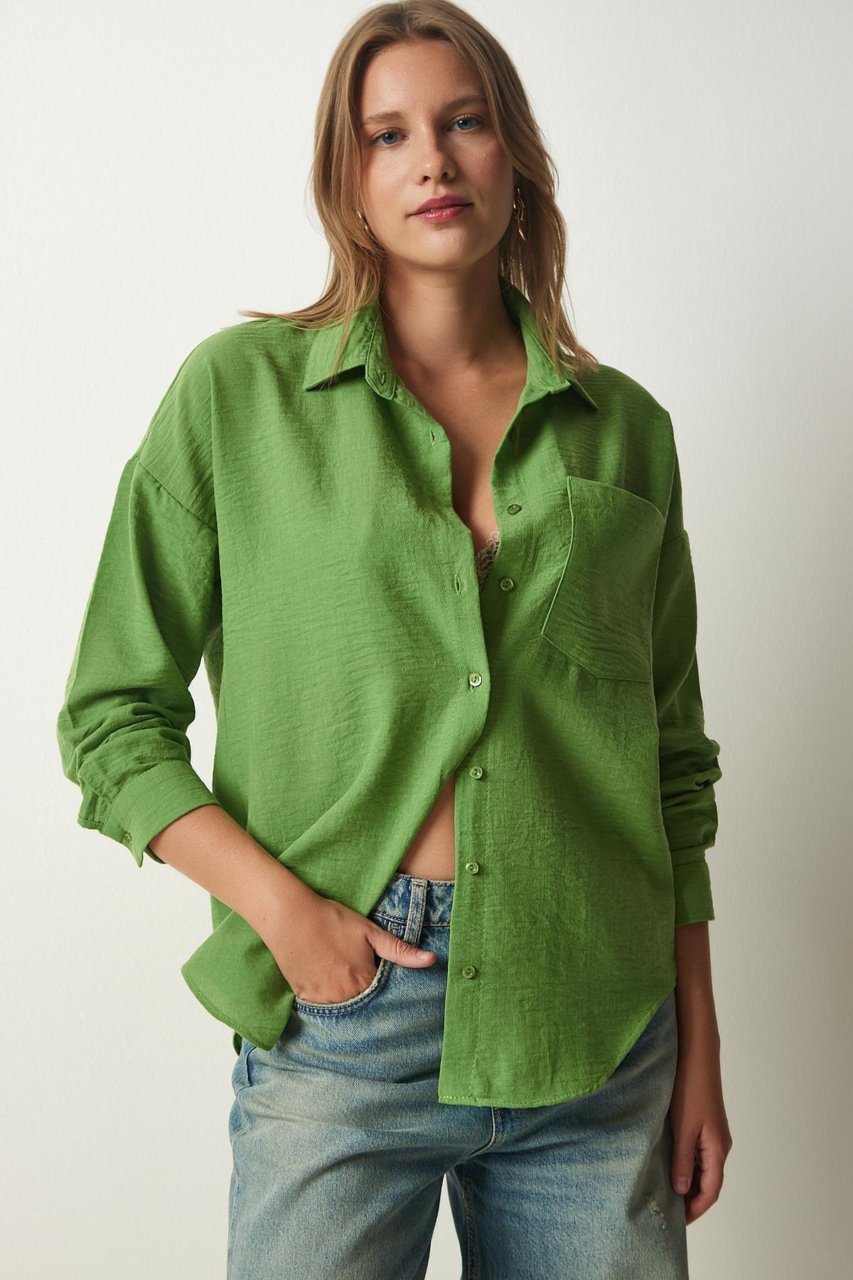 Happiness Istanbul - Green Oversized Linen Airon Shirt