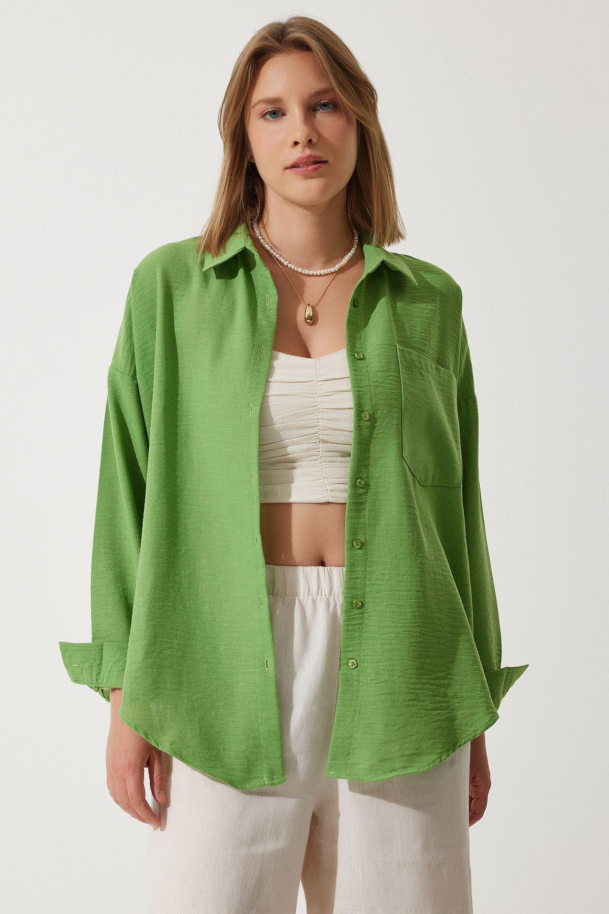 Happiness Istanbul - Green Oversized Linen Airon Shirt