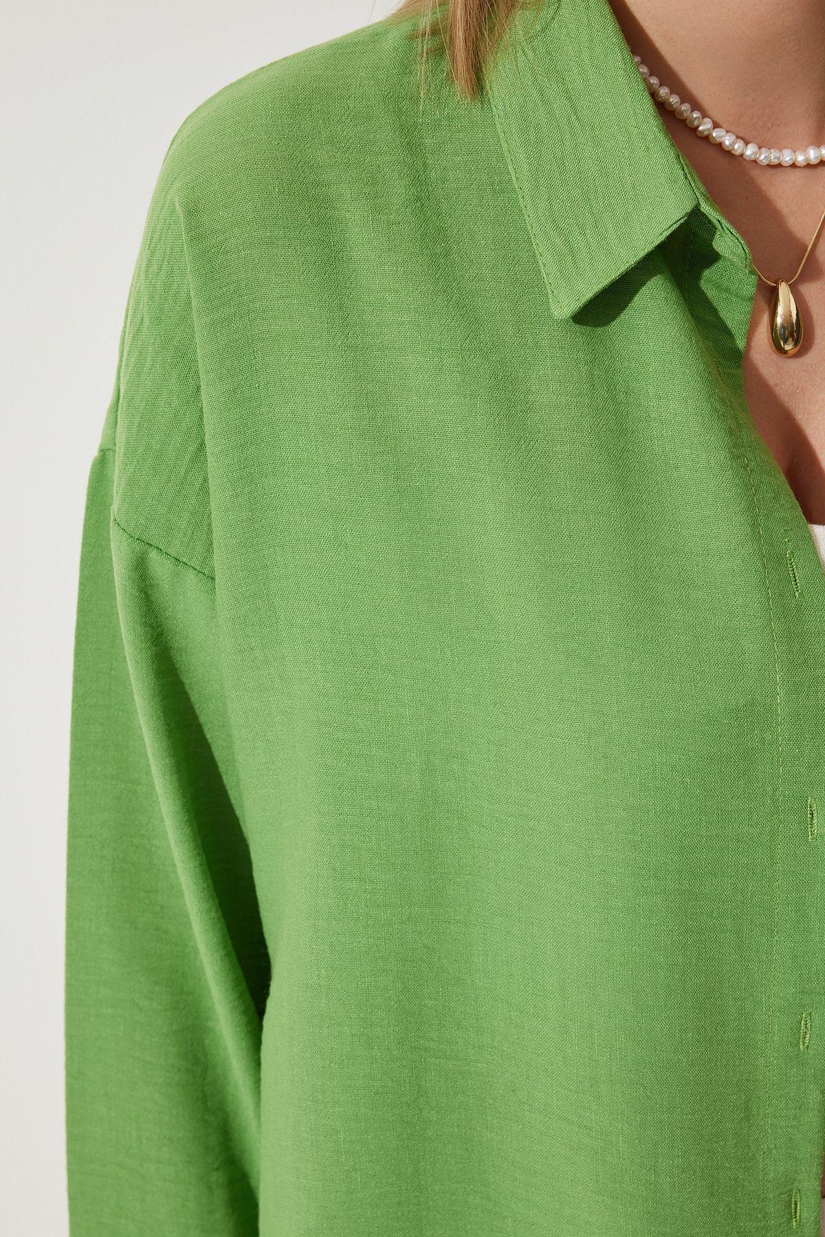 Happiness Istanbul - Green Oversized Linen Airon Shirt