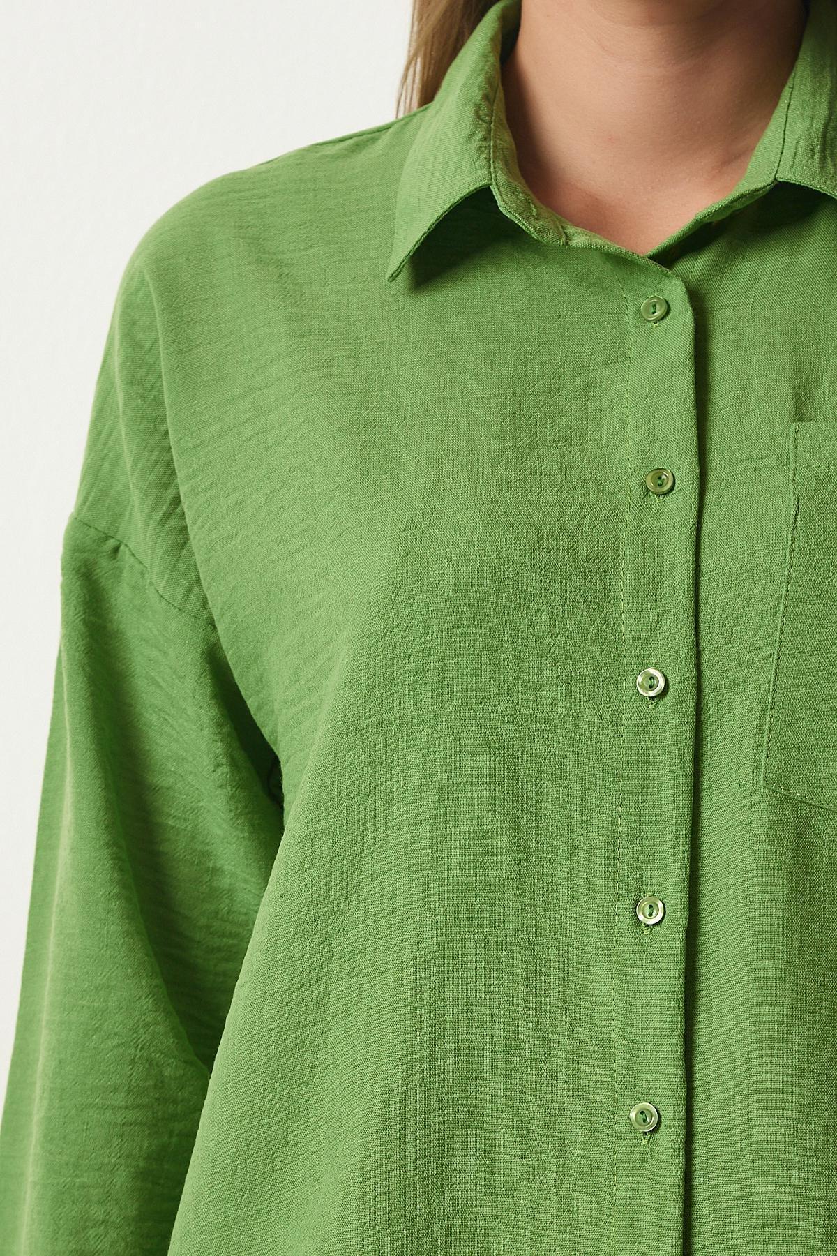 Happiness Istanbul - Green Oversized Linen Airon Shirt