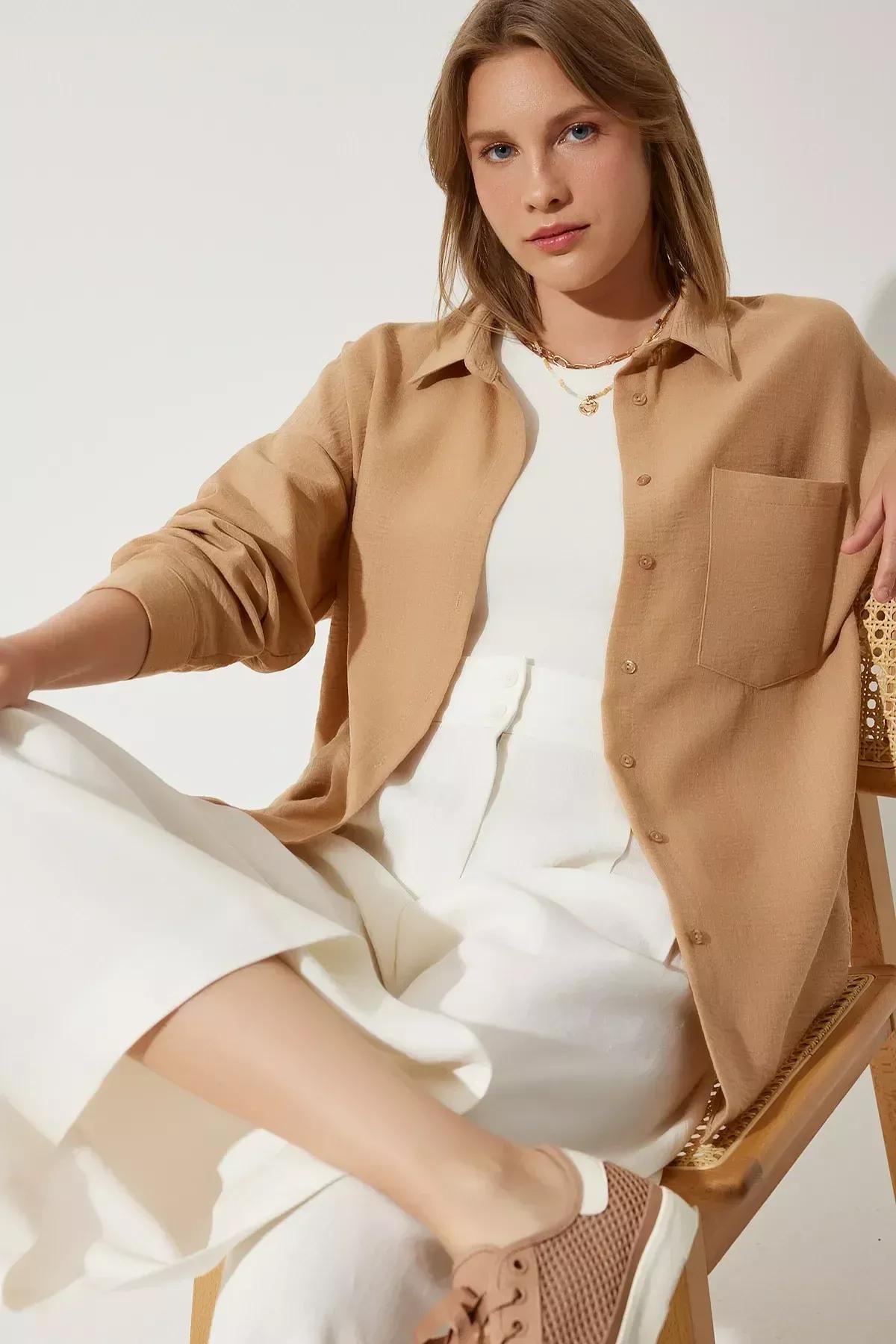 Beige Oversize Linen Shirt, Beige, medium