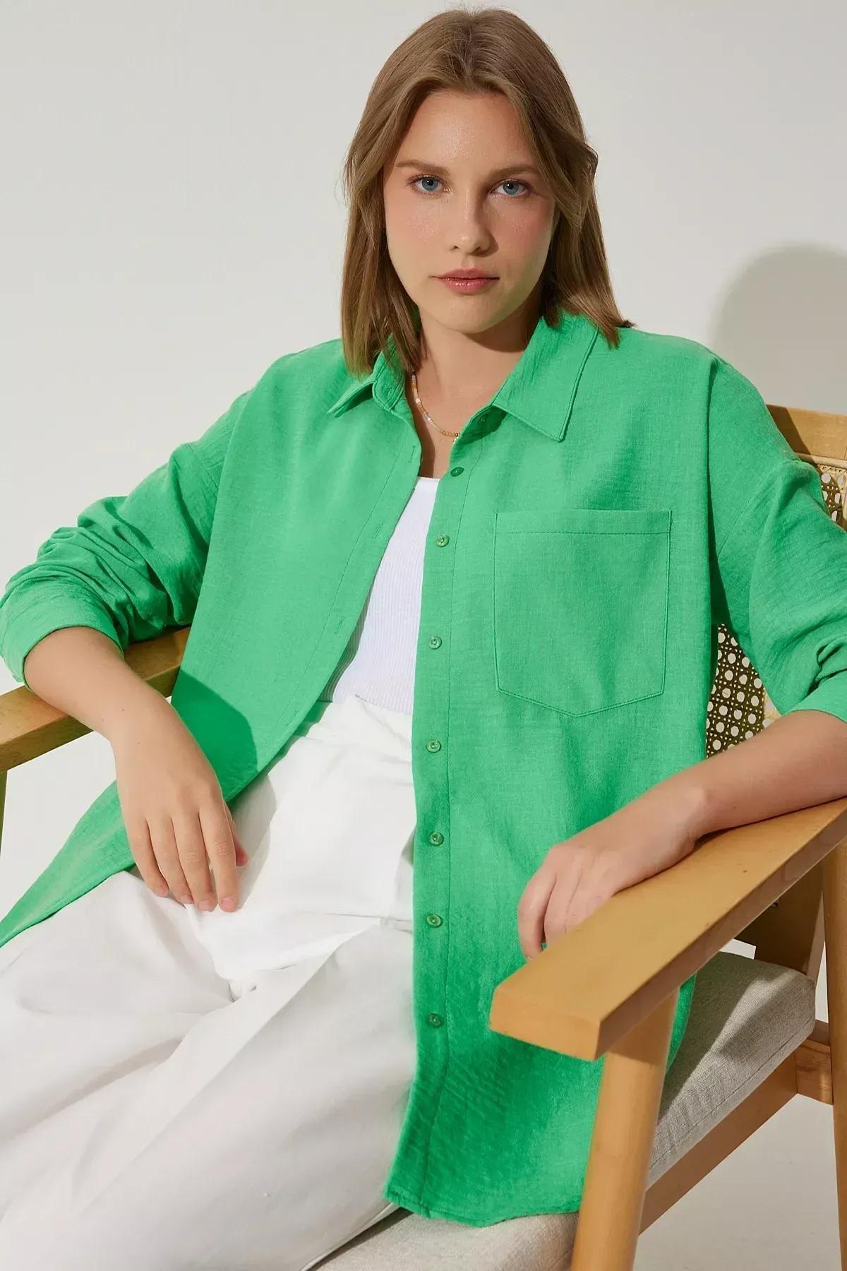 Green Oversize Linen Shirt, Green, medium