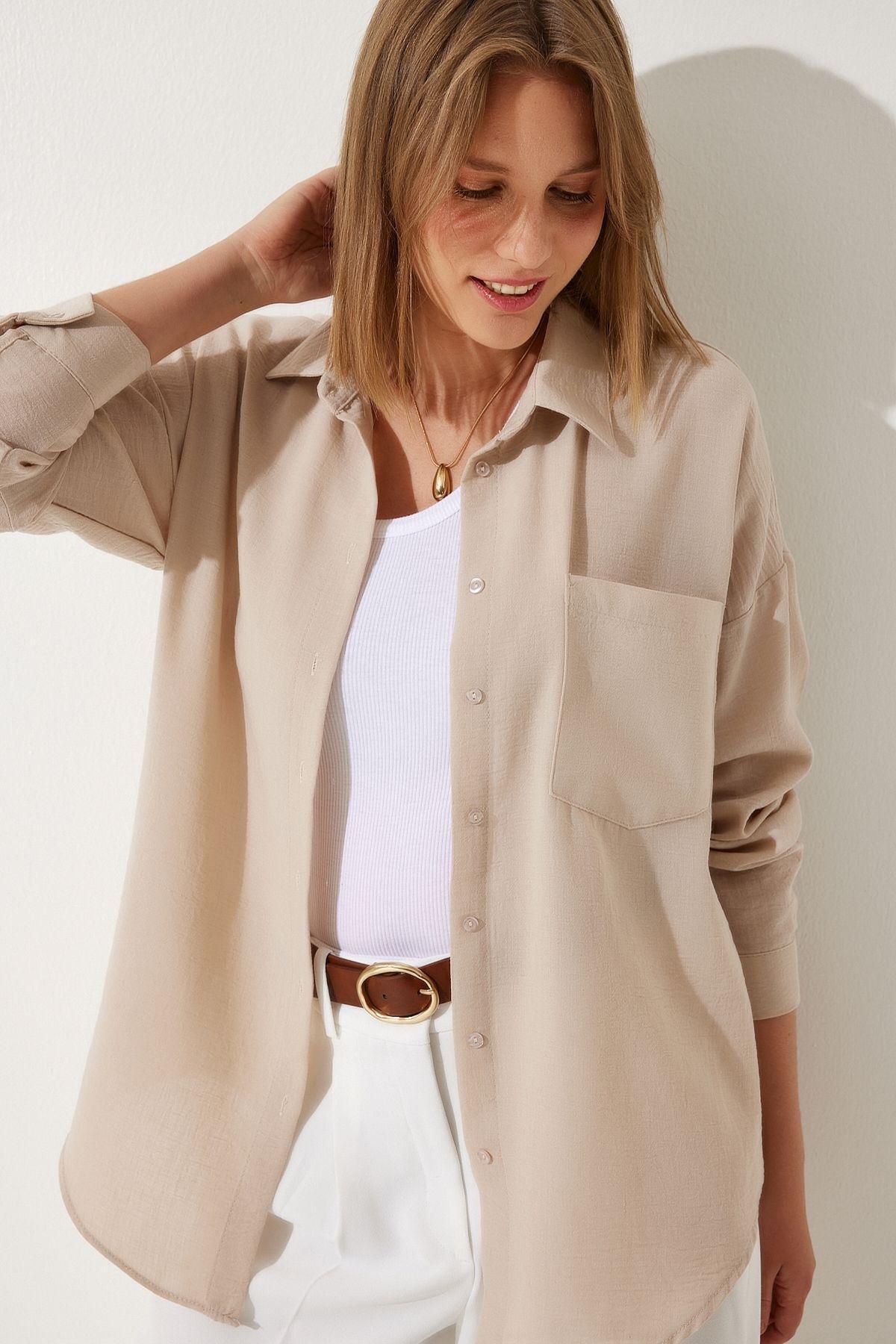 Beige Oversize Linen Ayrobin Shirt, Light Beige, medium