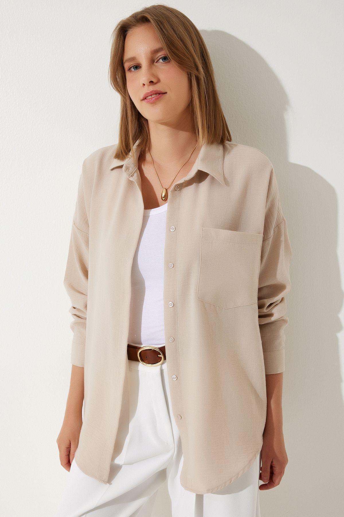 Beige Oversize Linen Ayrobin Shirt, Light Beige, large image number 1