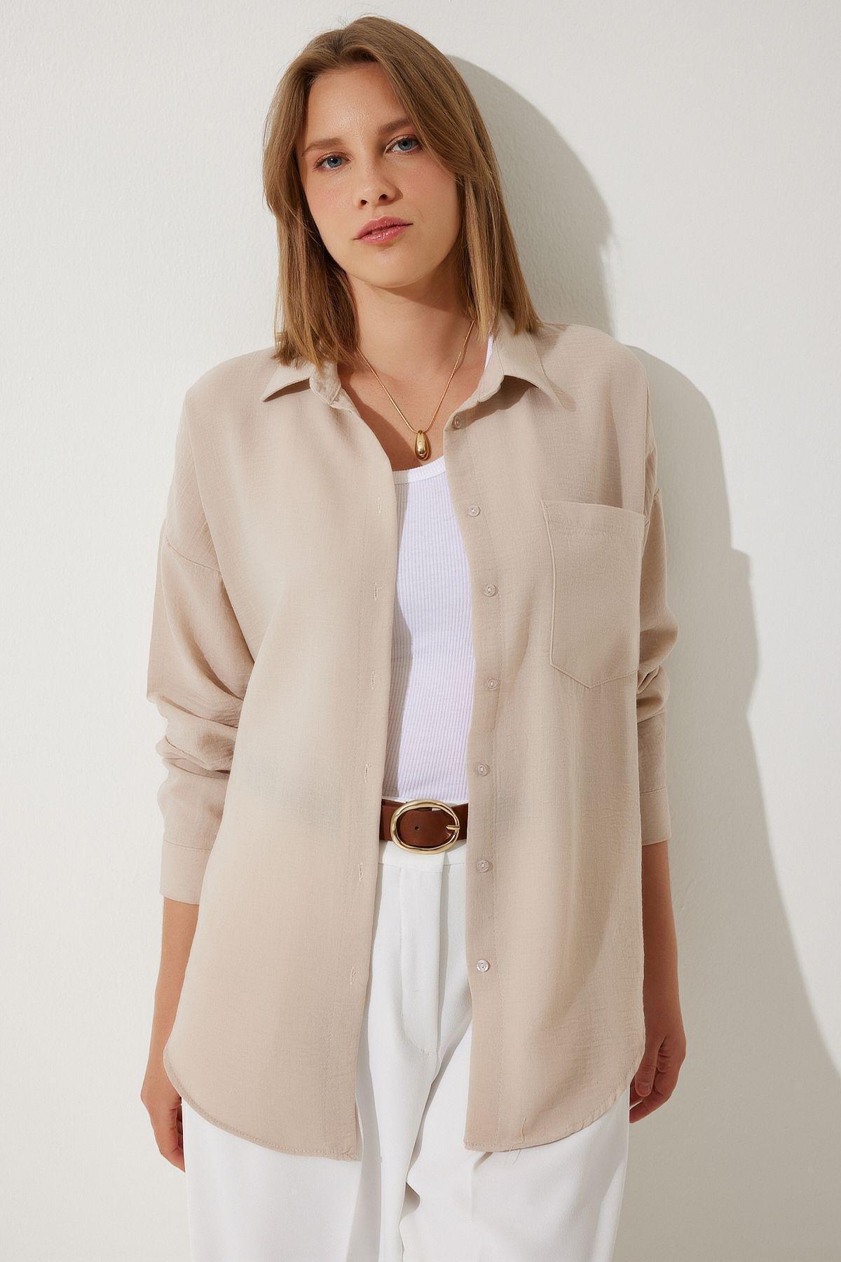 Beige Oversize Linen Ayrobin Shirt, Light Beige, medium