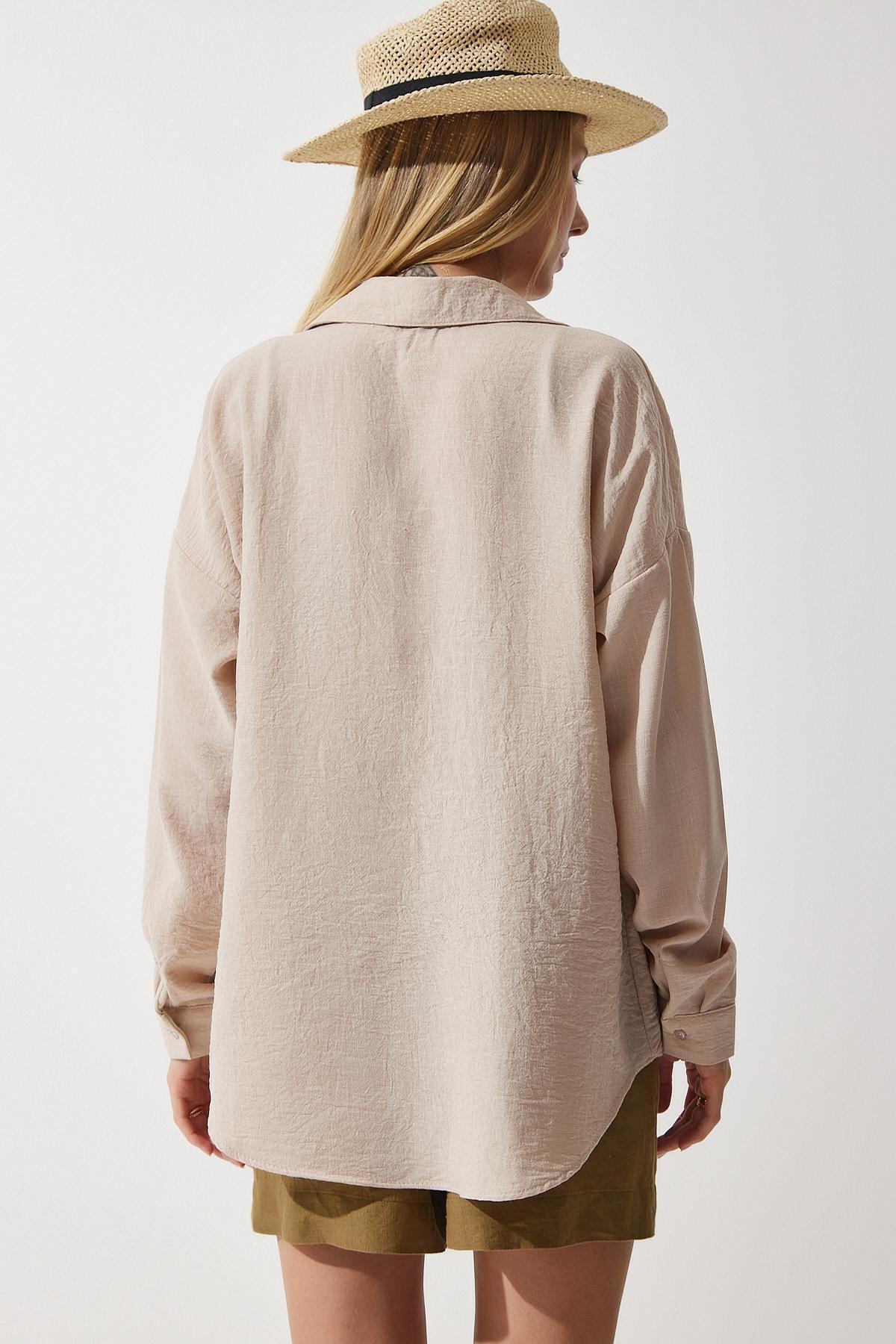 Beige Oversize Linen Ayrobin Shirt, Light Beige, large image number 4