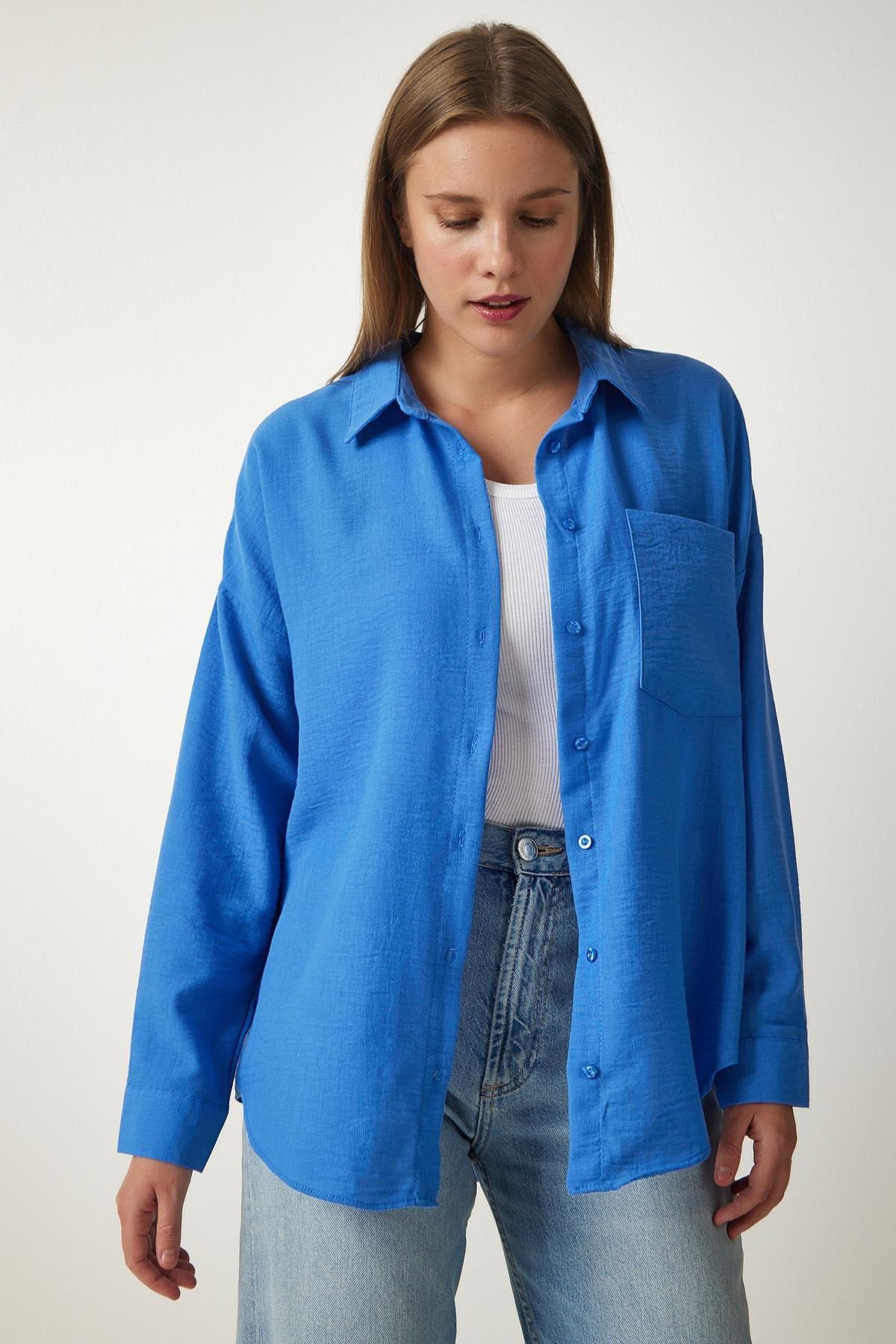 Blue Oversize Linen Shirt, , large image number 0