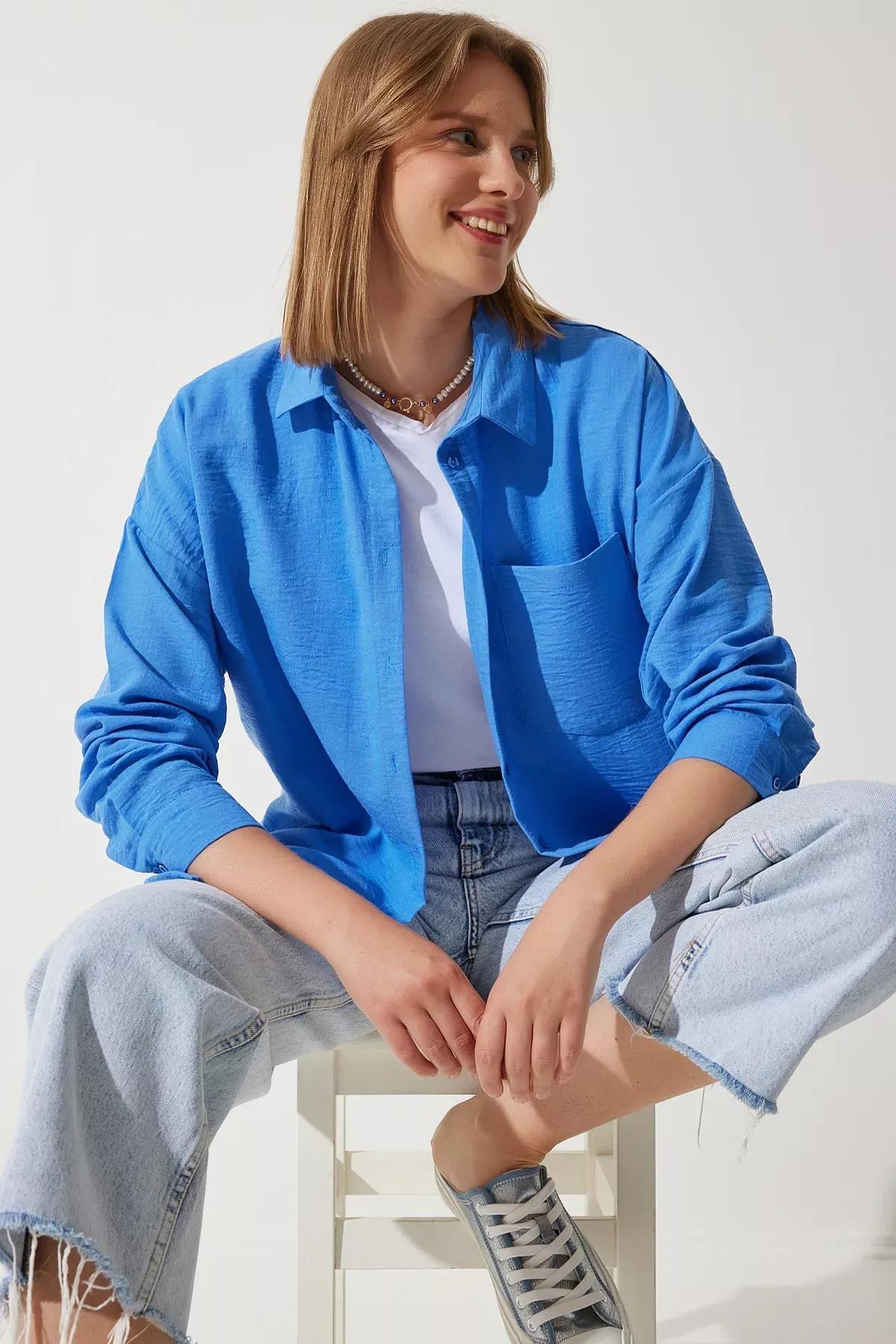 Blue Oversize Linen Shirt, , medium