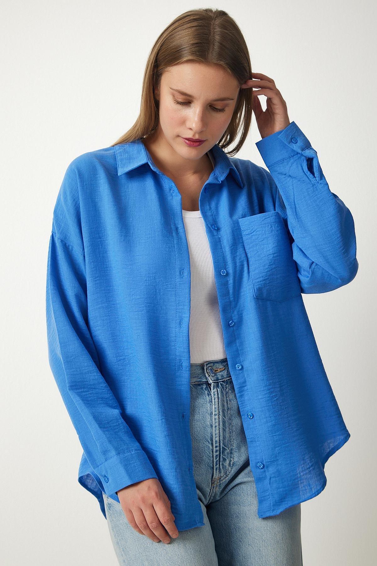 Blue Oversize Linen Shirt, , large image number 1