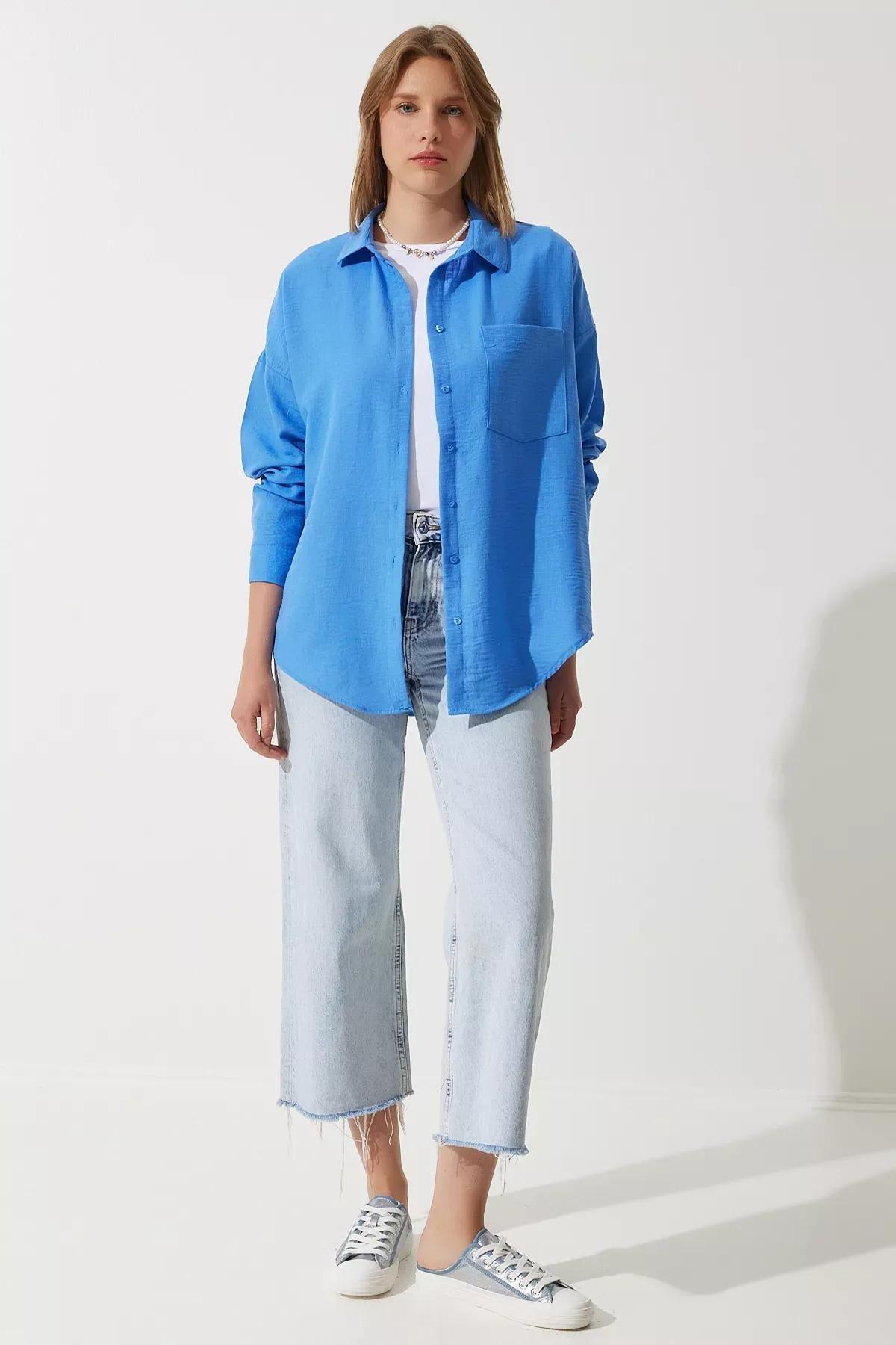 Blue Oversize Linen Shirt, Blue, medium