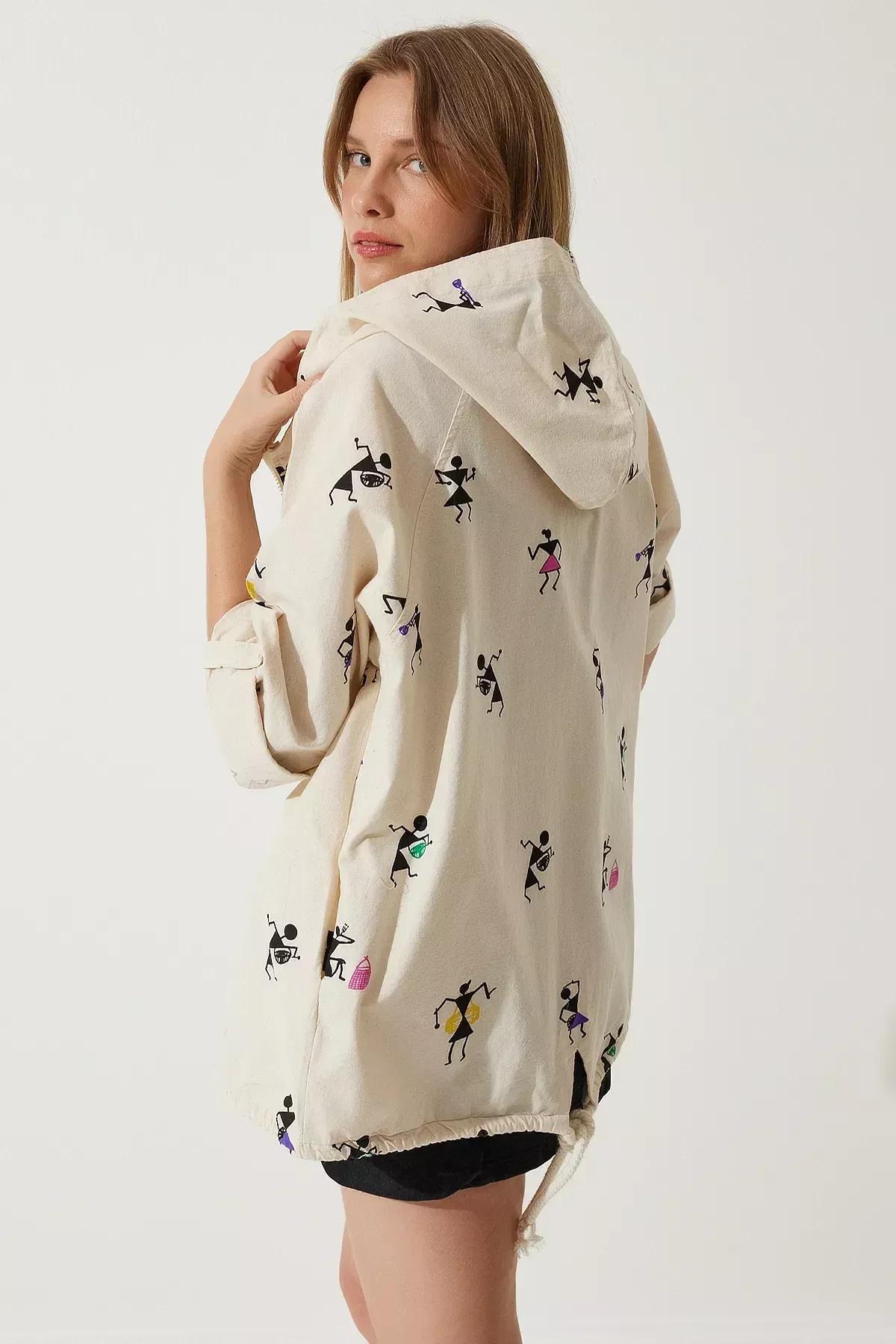 جاكيت كتان بغطاء للرأس بطبعة، وردي وكريمي, Cream Pink, large image number 1