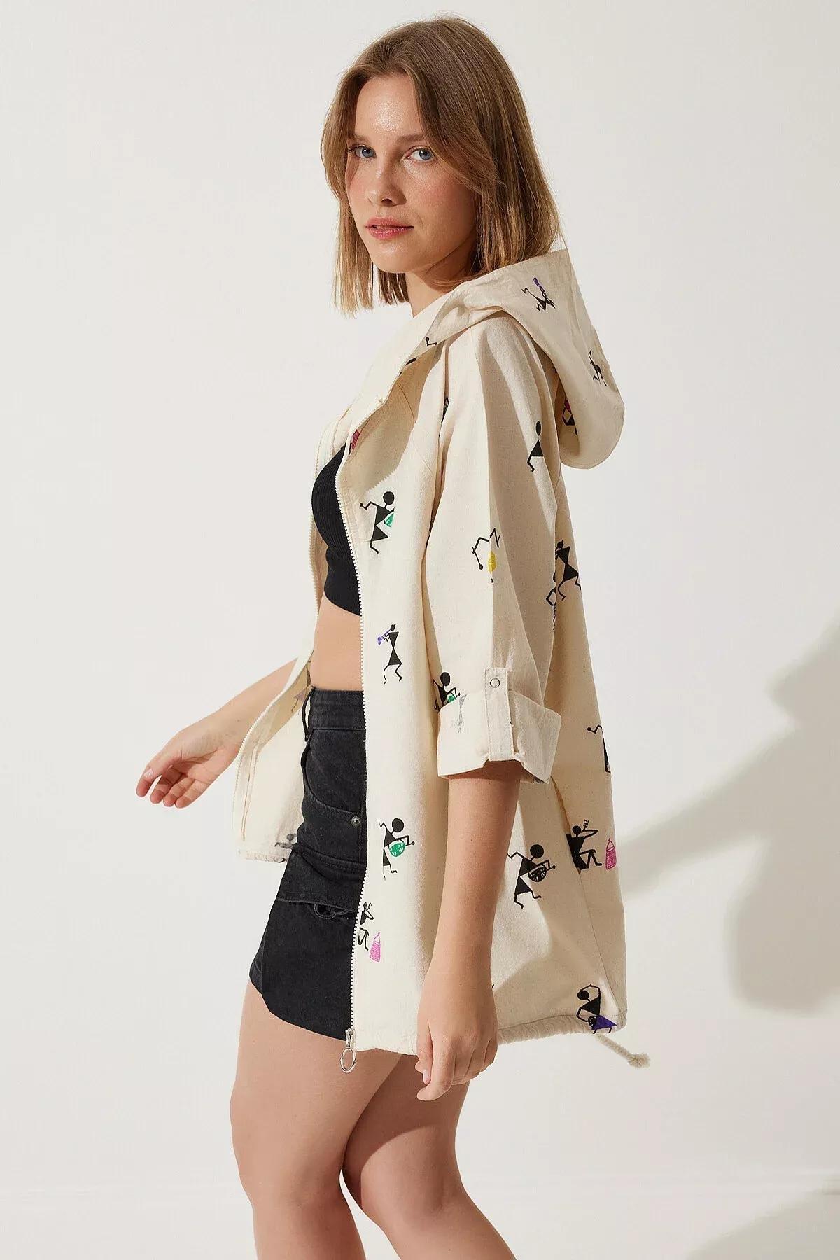 جاكيت كتان بغطاء للرأس بطبعة، وردي وكريمي, Cream Pink, large image number 2