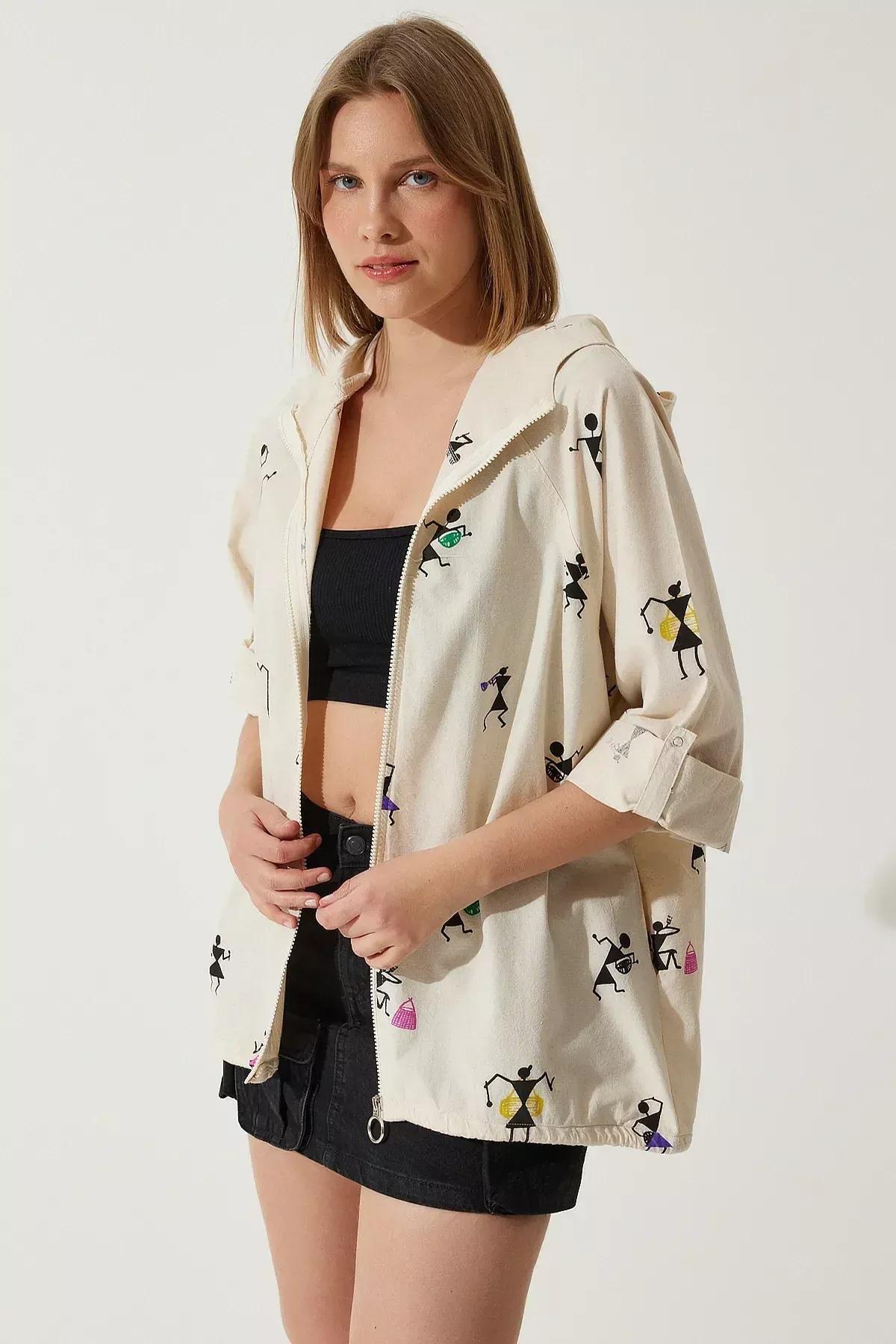 جاكيت كتان بغطاء للرأس بطبعة، وردي وكريمي, Cream Pink, large image number 5