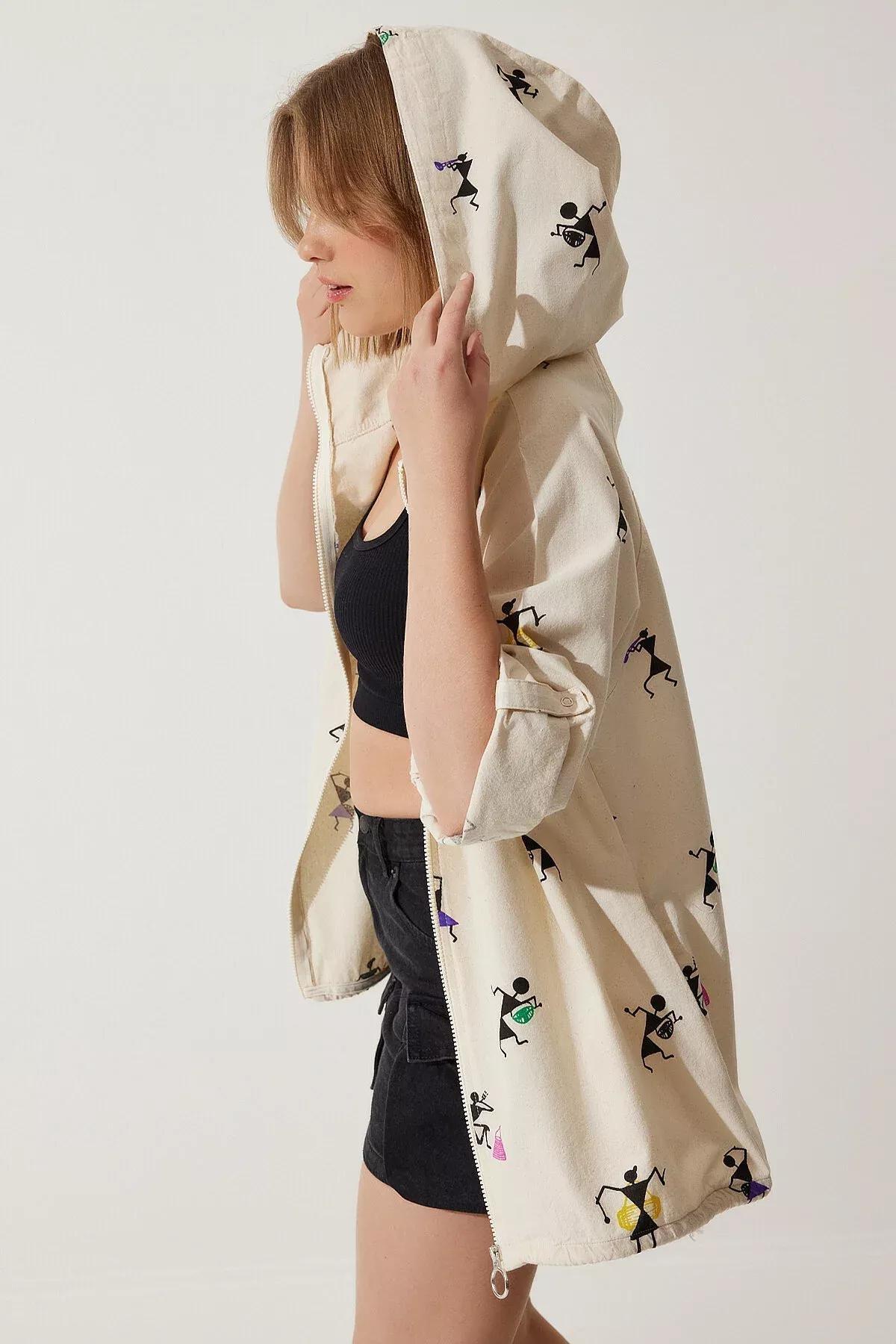 جاكيت كتان بغطاء للرأس بطبعة، وردي وكريمي, Cream Pink, large image number 6