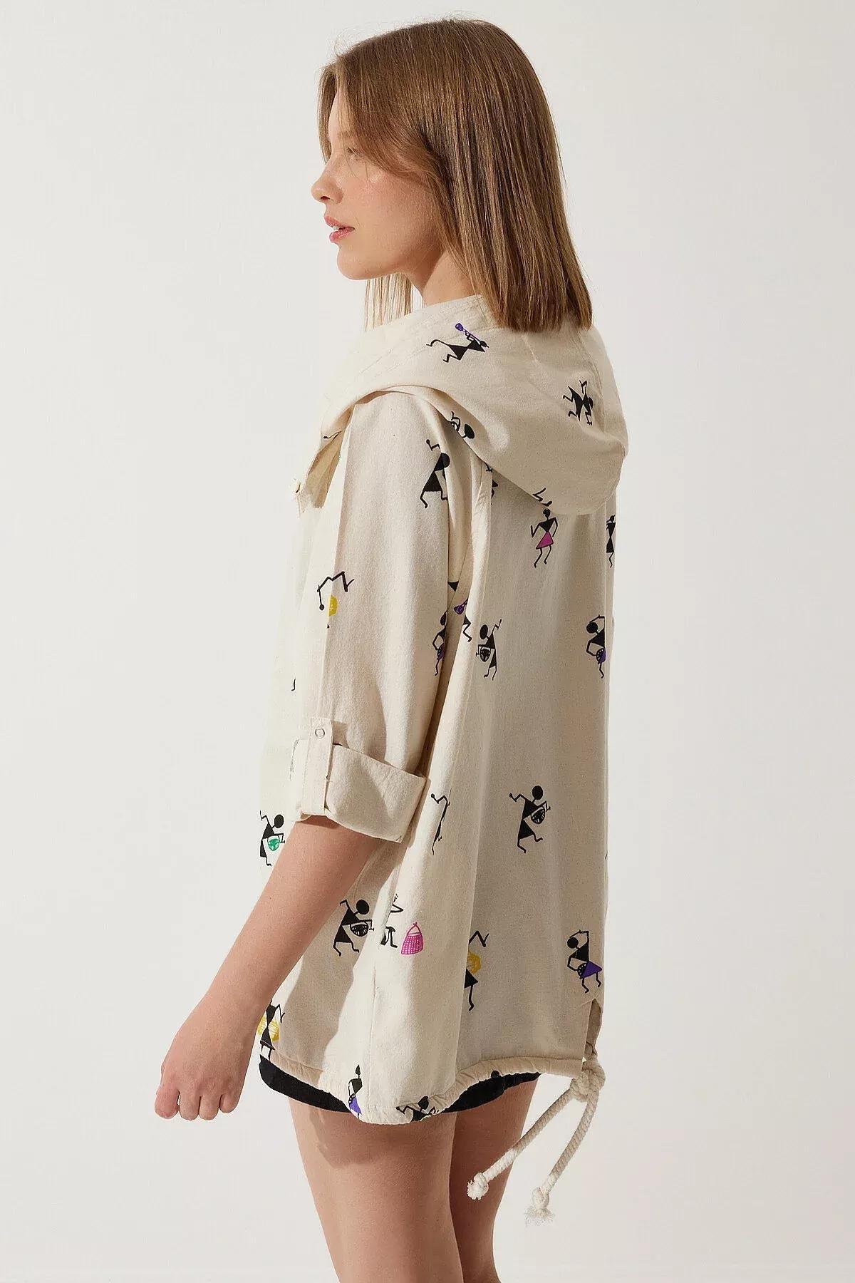 جاكيت كتان بغطاء للرأس بطبعة، وردي وكريمي, Cream Pink, large image number 8