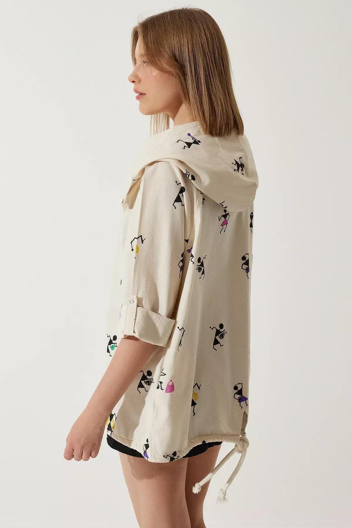 جاكيت كتان بغطاء للرأس بطبعة، وردي وكريمي, Cream Pink, large image number 9