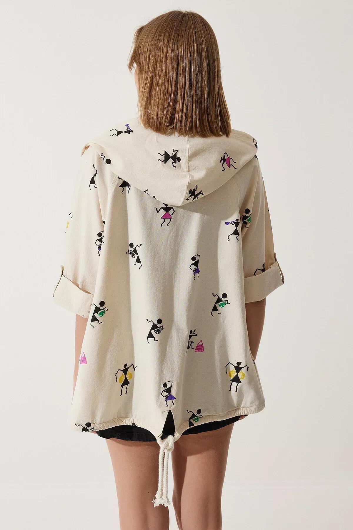 جاكيت كتان بغطاء للرأس بطبعة، وردي وكريمي, Cream Pink, large image number 12