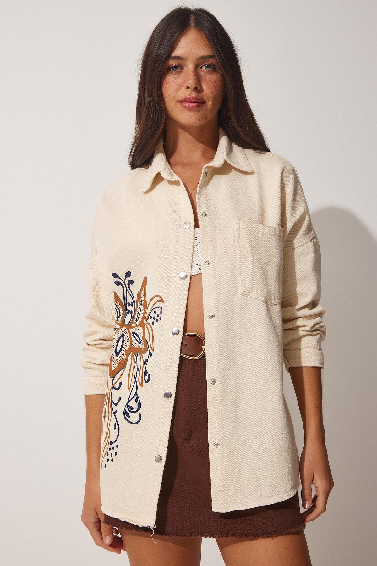 Cream Printed Raw Linen Shirt Jacket, Cream, large image number 1