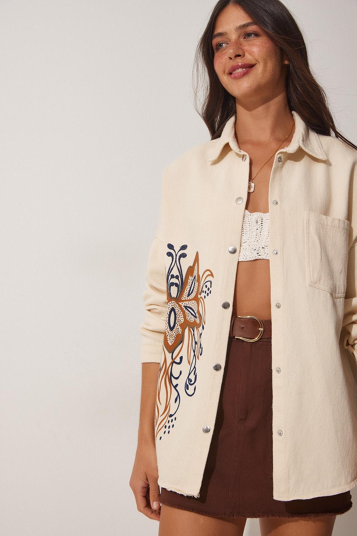 Cream Printed Raw Linen Shirt Jacket, Cream, large image number 2