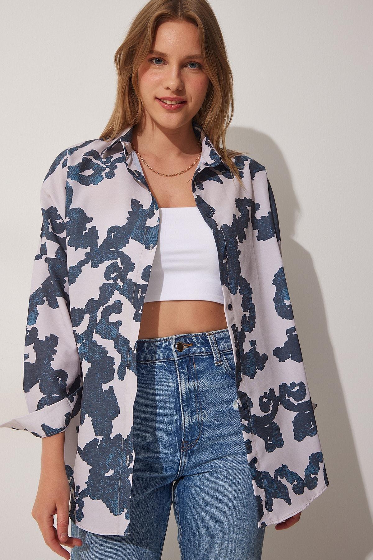 Navy Stone Pattern Oversized Poplin Shirt, , large image number 1