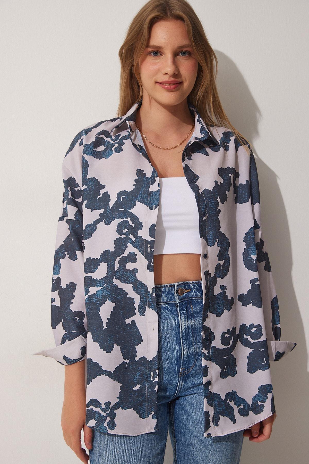 Navy Stone Pattern Oversized Poplin Shirt, , large image number 2