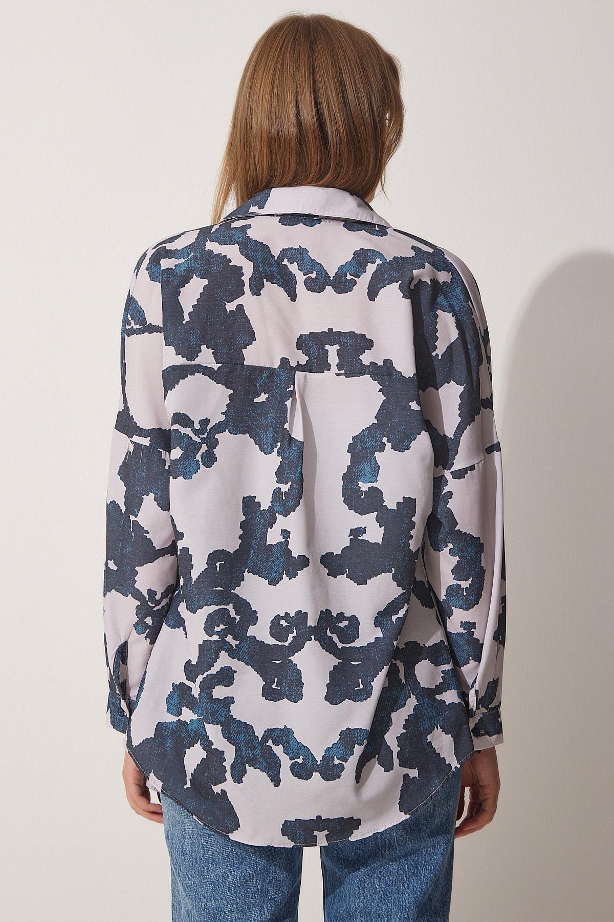 Navy Stone Pattern Oversized Poplin Shirt, , large image number 3