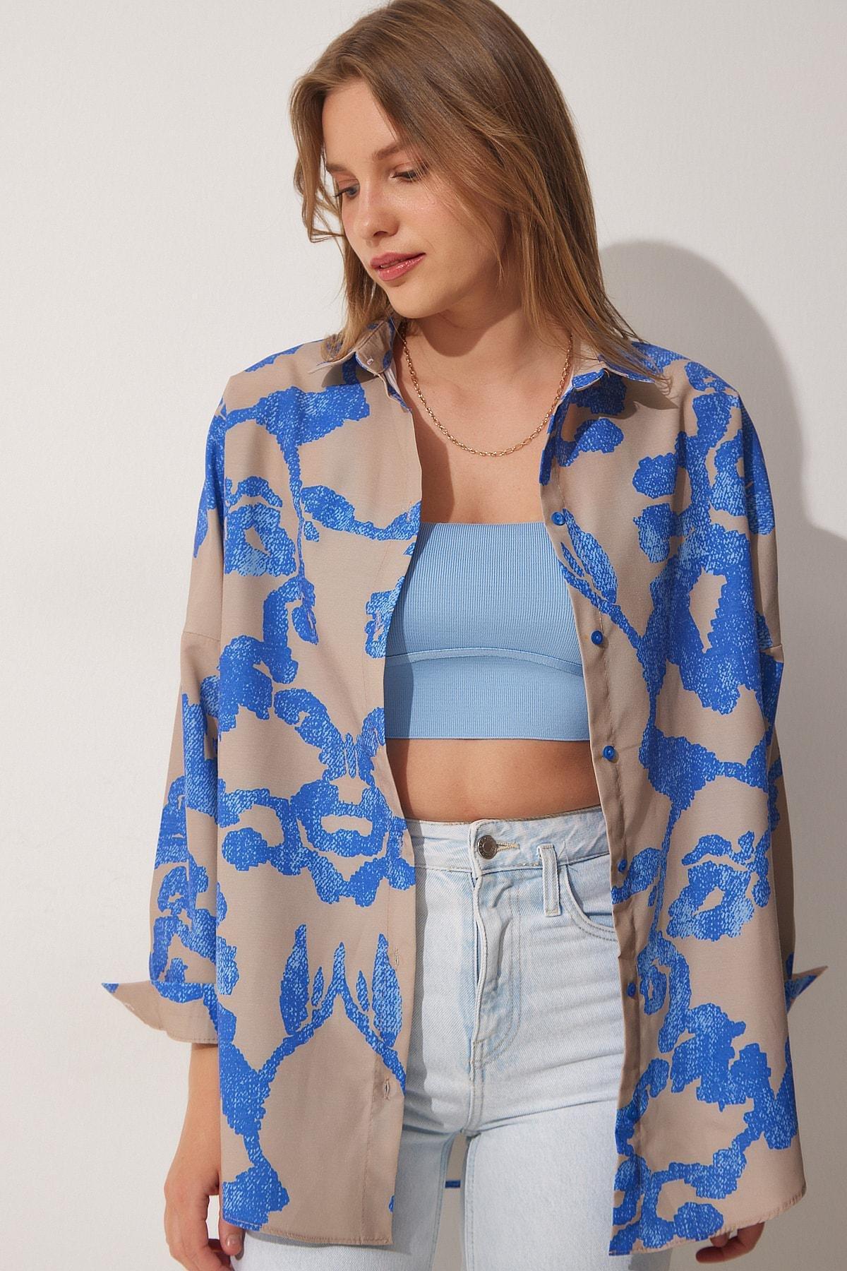 Multicolour Patterned Oversized Poplin Shirt, Blue Beige, large image number 0