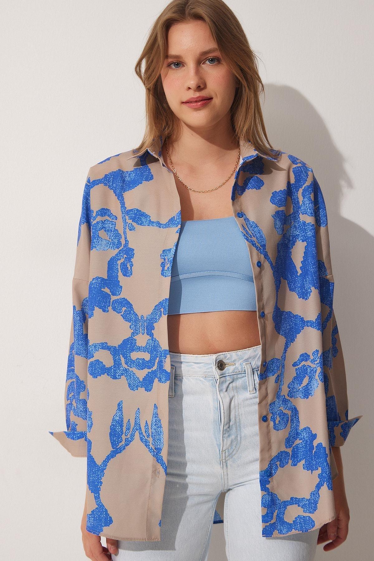 Multicolour Patterned Oversized Poplin Shirt, Blue Beige, large image number 1