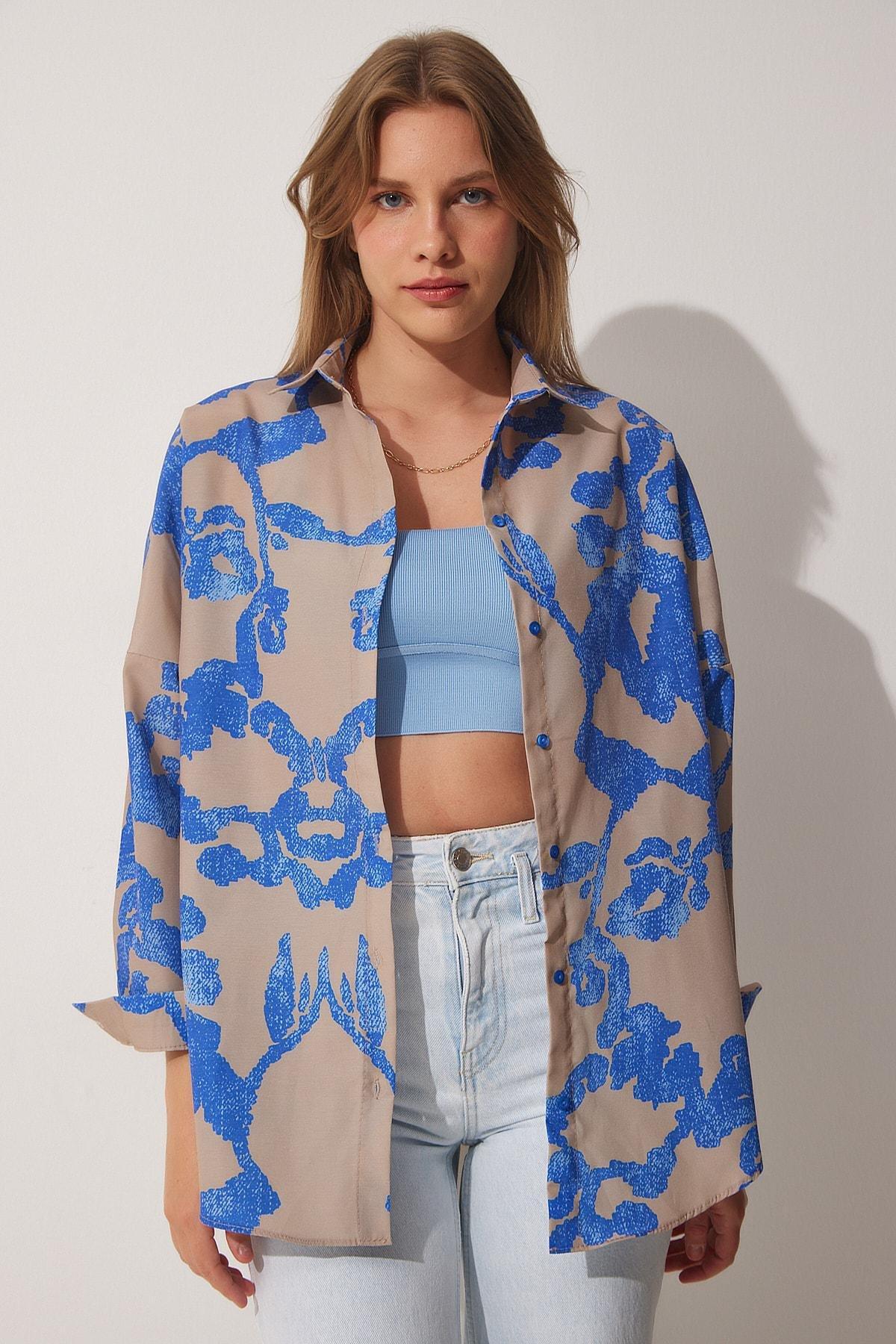 Multicolour Patterned Oversized Poplin Shirt, Blue Beige, large image number 2