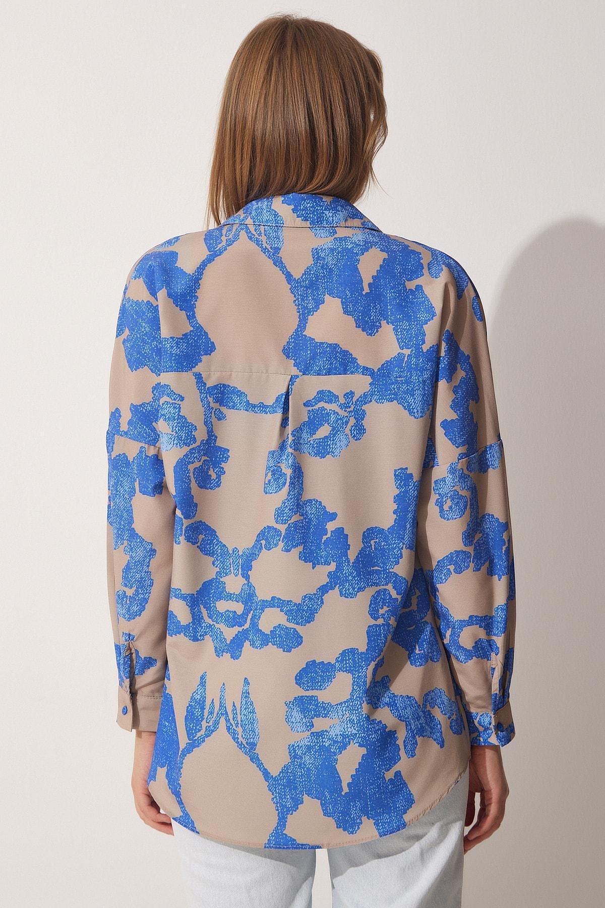 Multicolour Patterned Oversized Poplin Shirt, Blue Beige, large image number 3