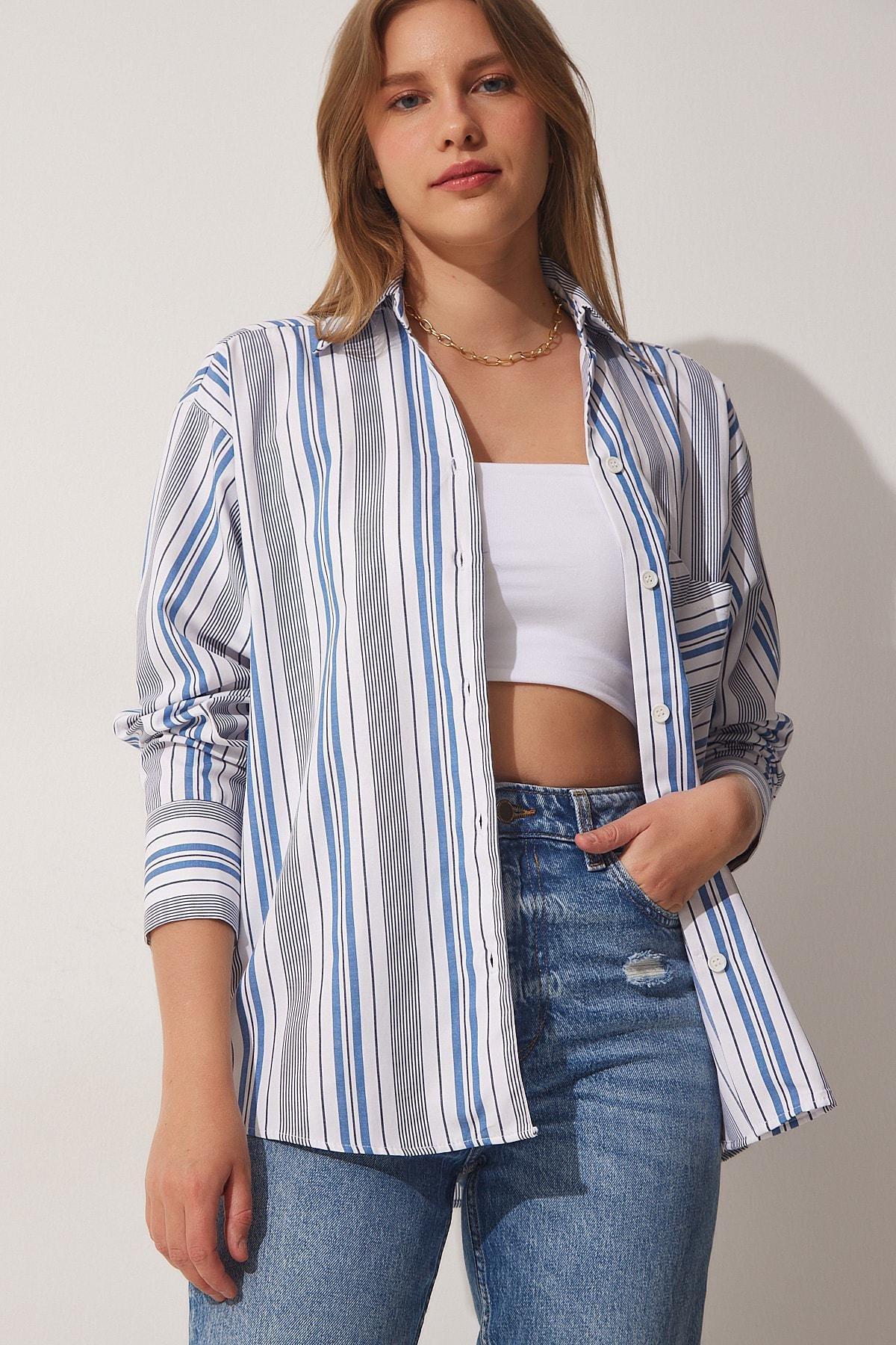 White Oversize Shirt, White Blue, large image number 0