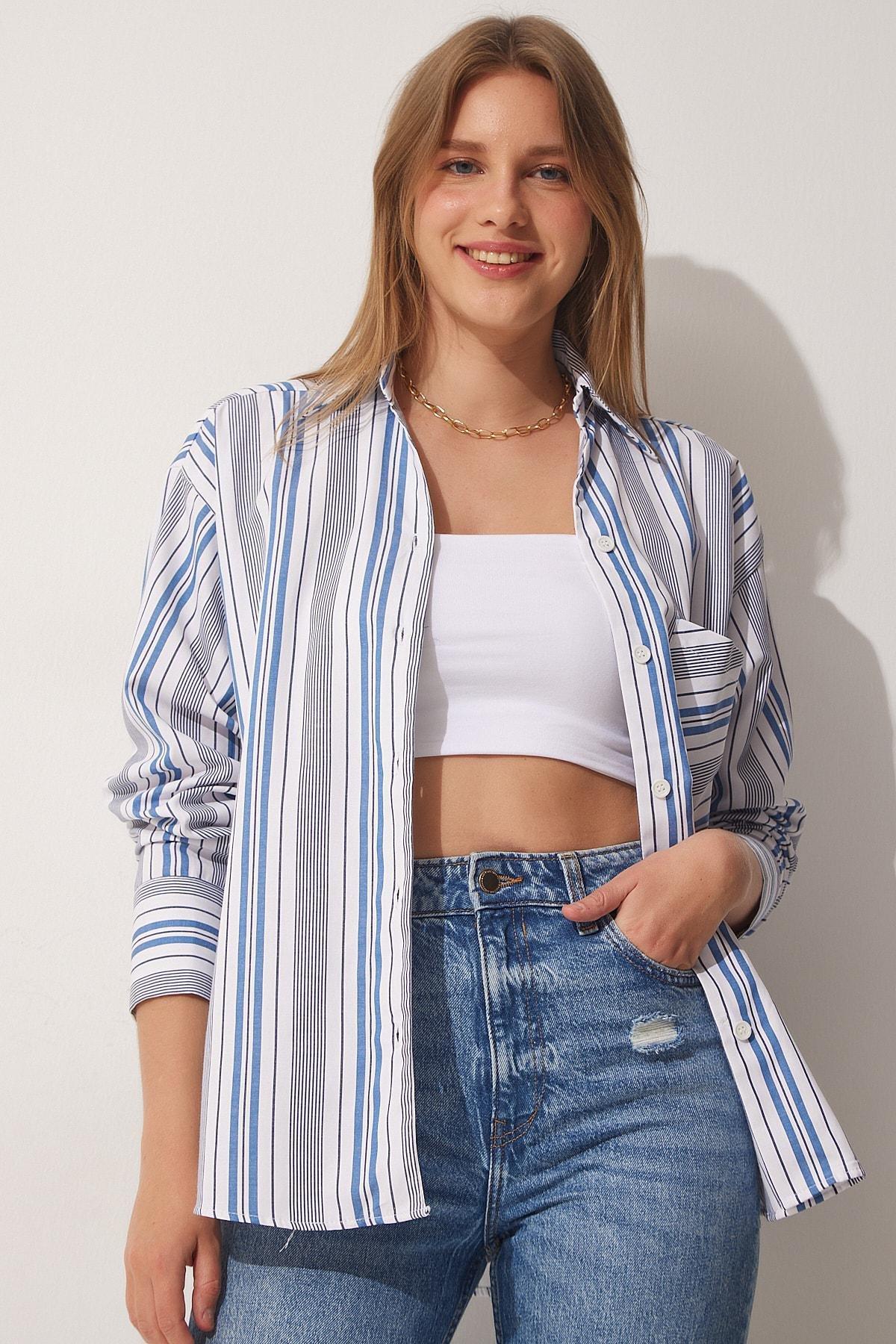 White Oversize Shirt, White Blue, large image number 1