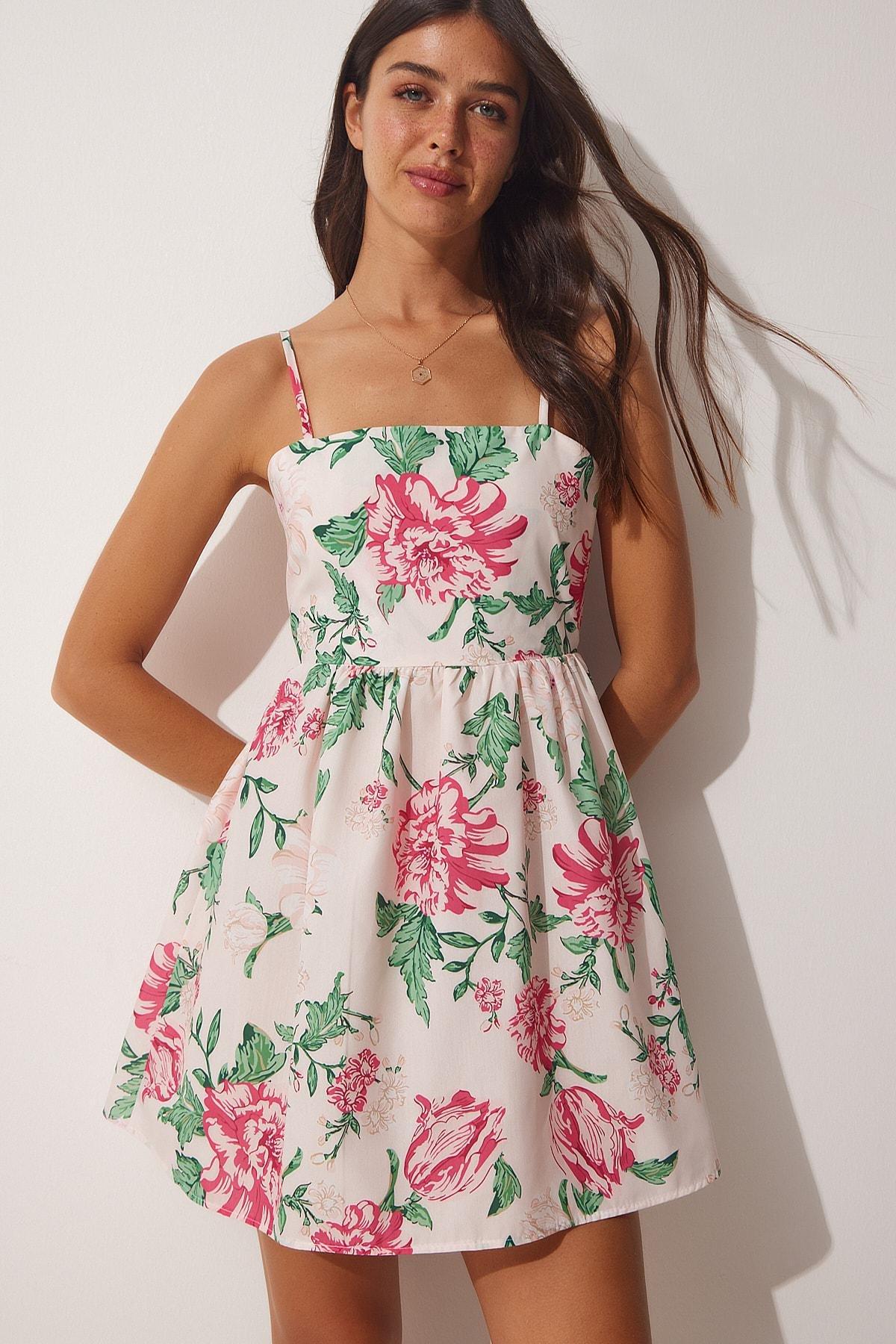 Pink Floral A-Line Dress, Dark Pink Cream, large image number 1