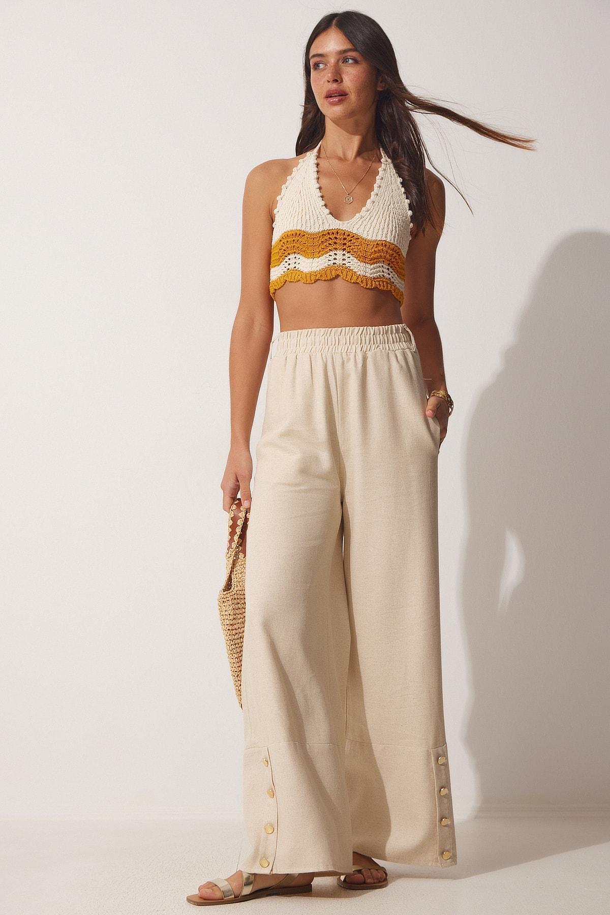 Beige Straight Pants, , large image number 1