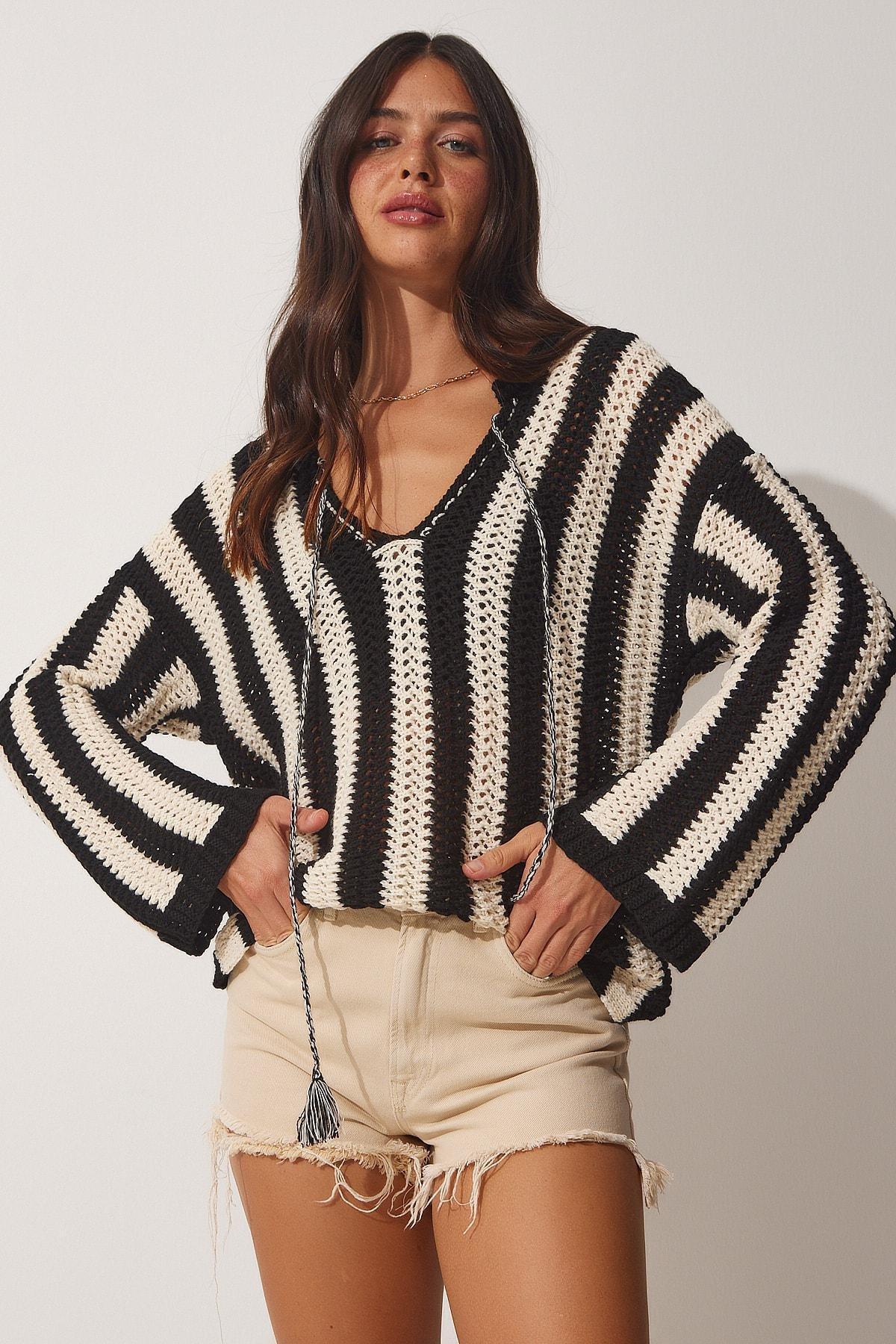 Black Openwork Seasonal Knitwear Blouse, Black Bone, large image number 1