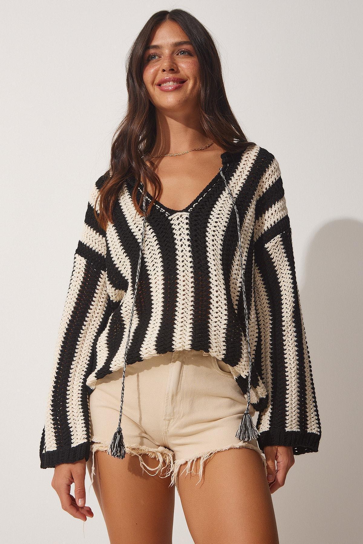 Black Openwork Seasonal Knitwear Blouse, Black Bone, large image number 2