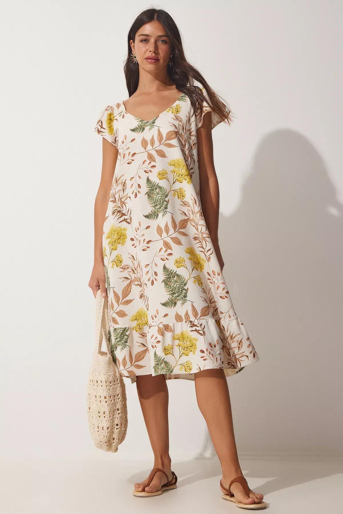 Beige V-Neck A-Line Dress, Cream Biscuits, large image number 0