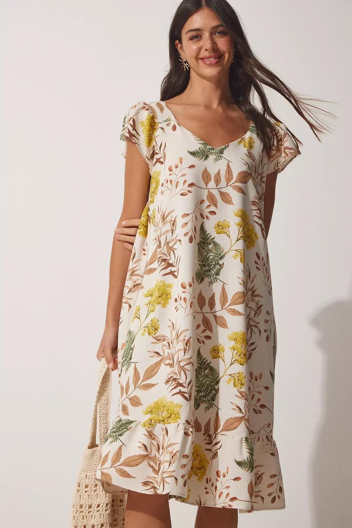 Beige V-Neck A-Line Dress, Cream Biscuits, large image number 1