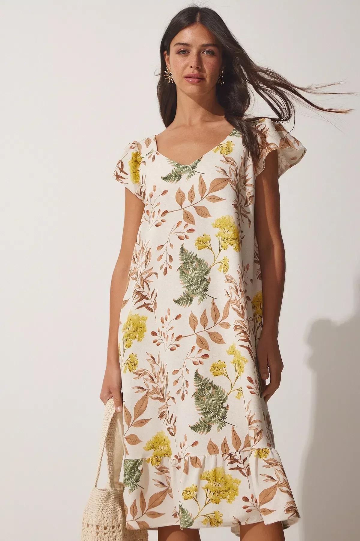 Beige V-Neck A-Line Dress, Cream Biscuits, large image number 2