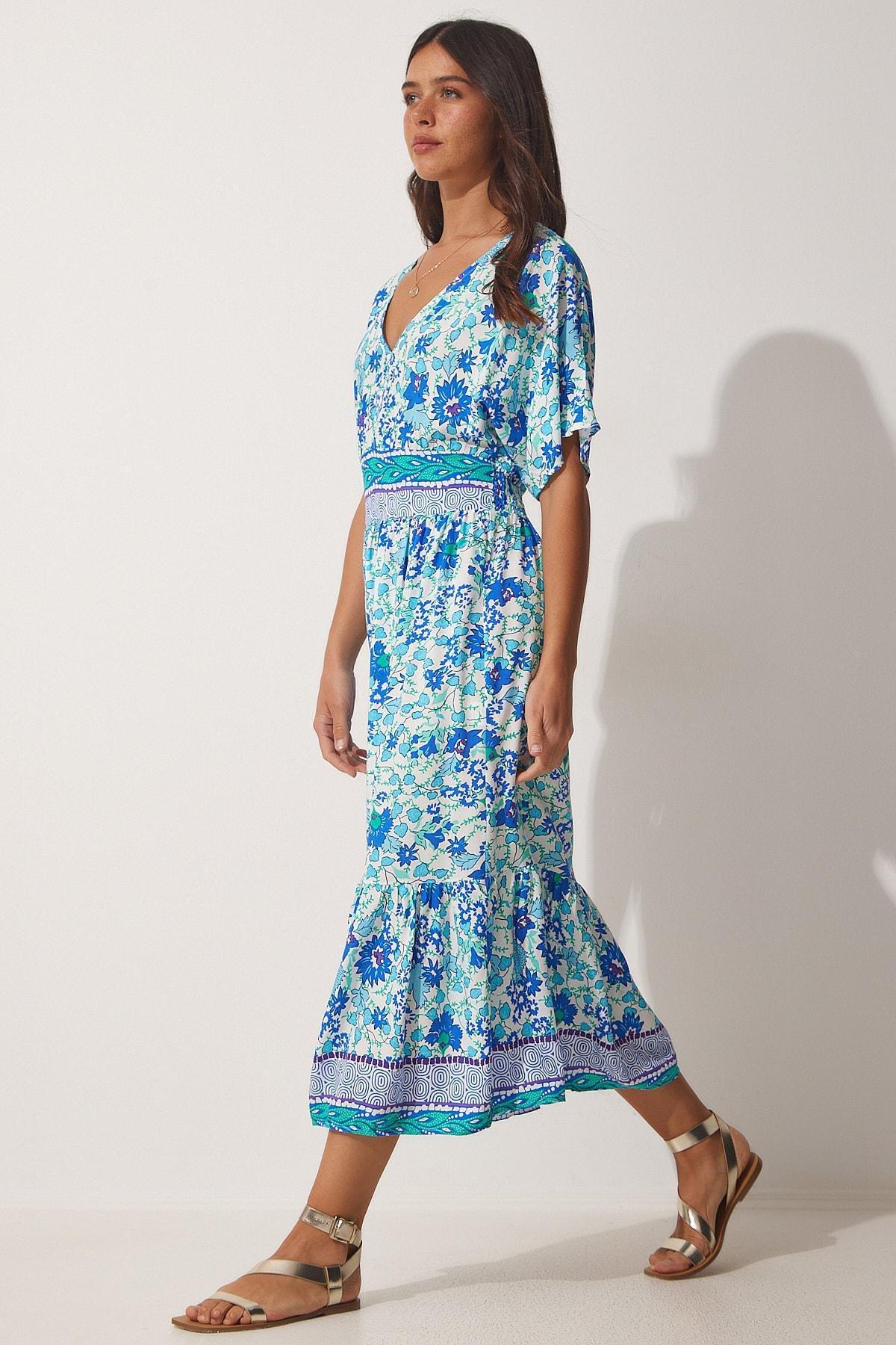 Blue V-Neck Floral Summer Dress, , large image number 0