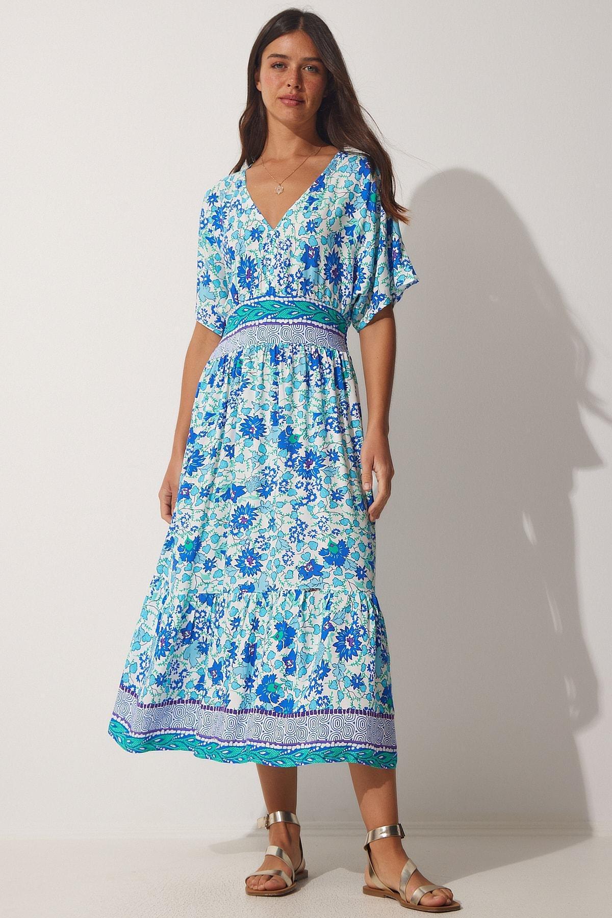 Blue V-Neck Floral Summer Dress, , large image number 1
