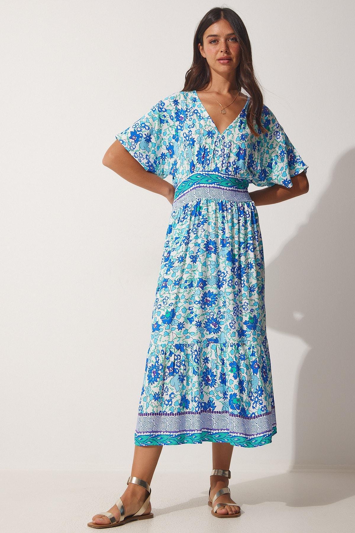 Blue V-Neck Floral Summer Dress, , large image number 2