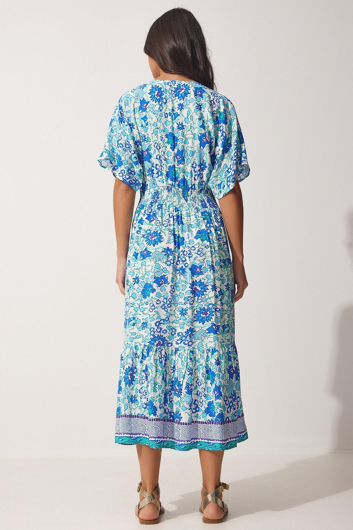 Blue V-Neck Floral Summer Dress, , large image number 3