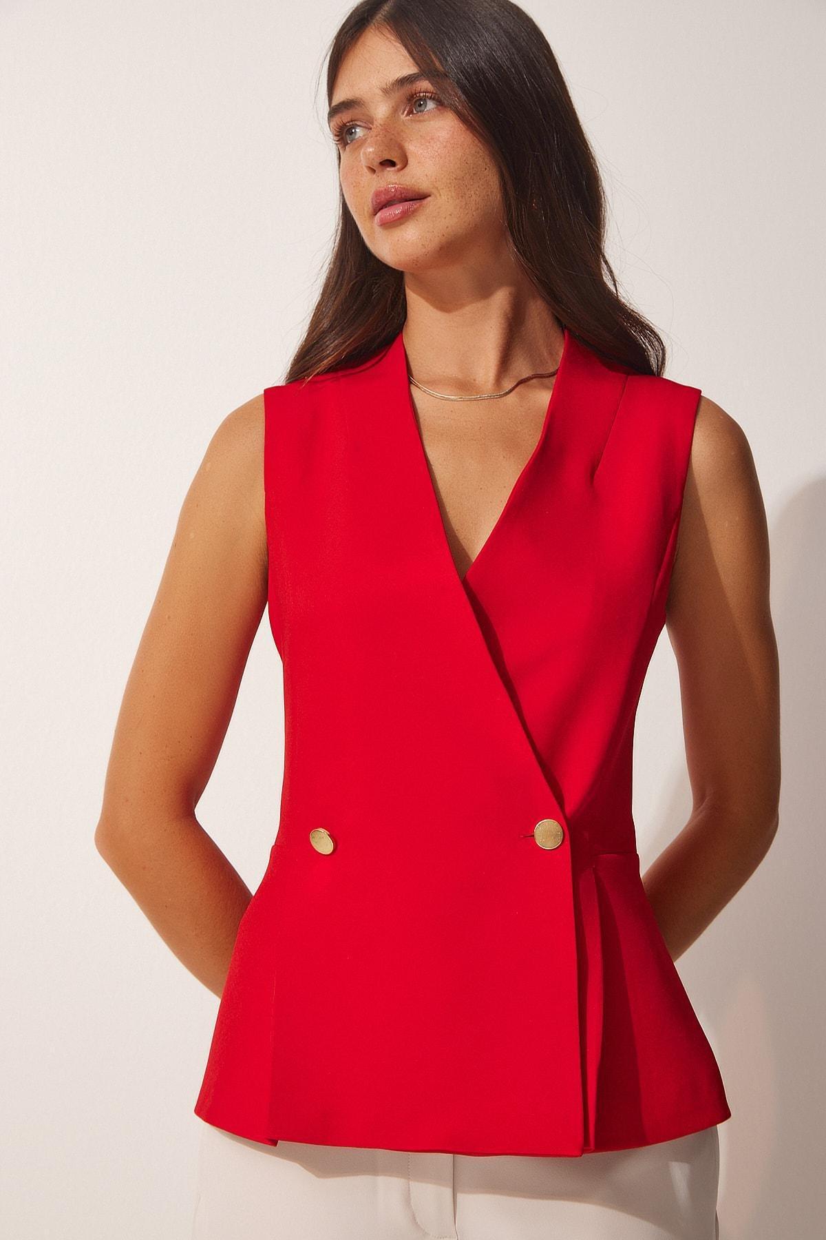 Red Double-Breasted Woven Vest, , large image number 0