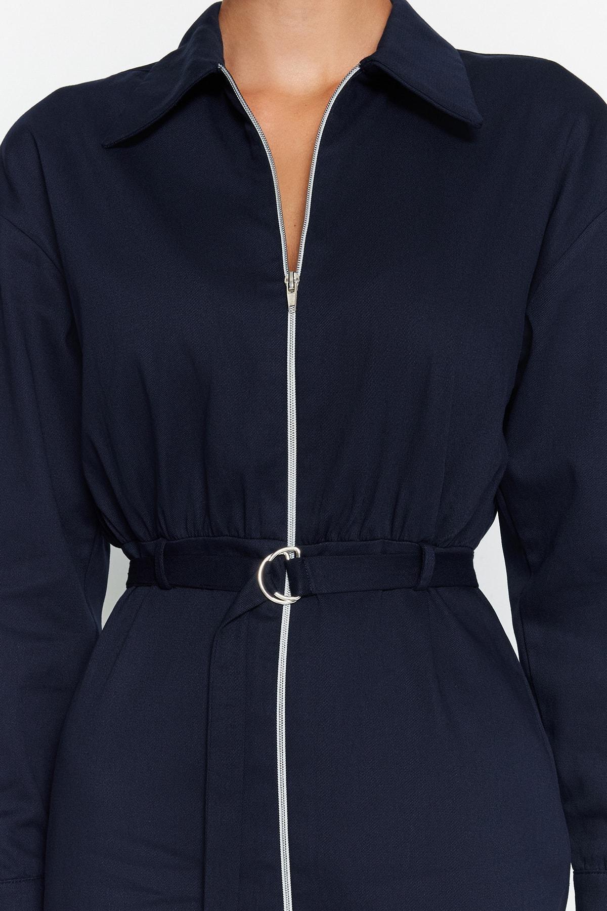 Trendyol - Blue Belted Straight Cut Midi Dress