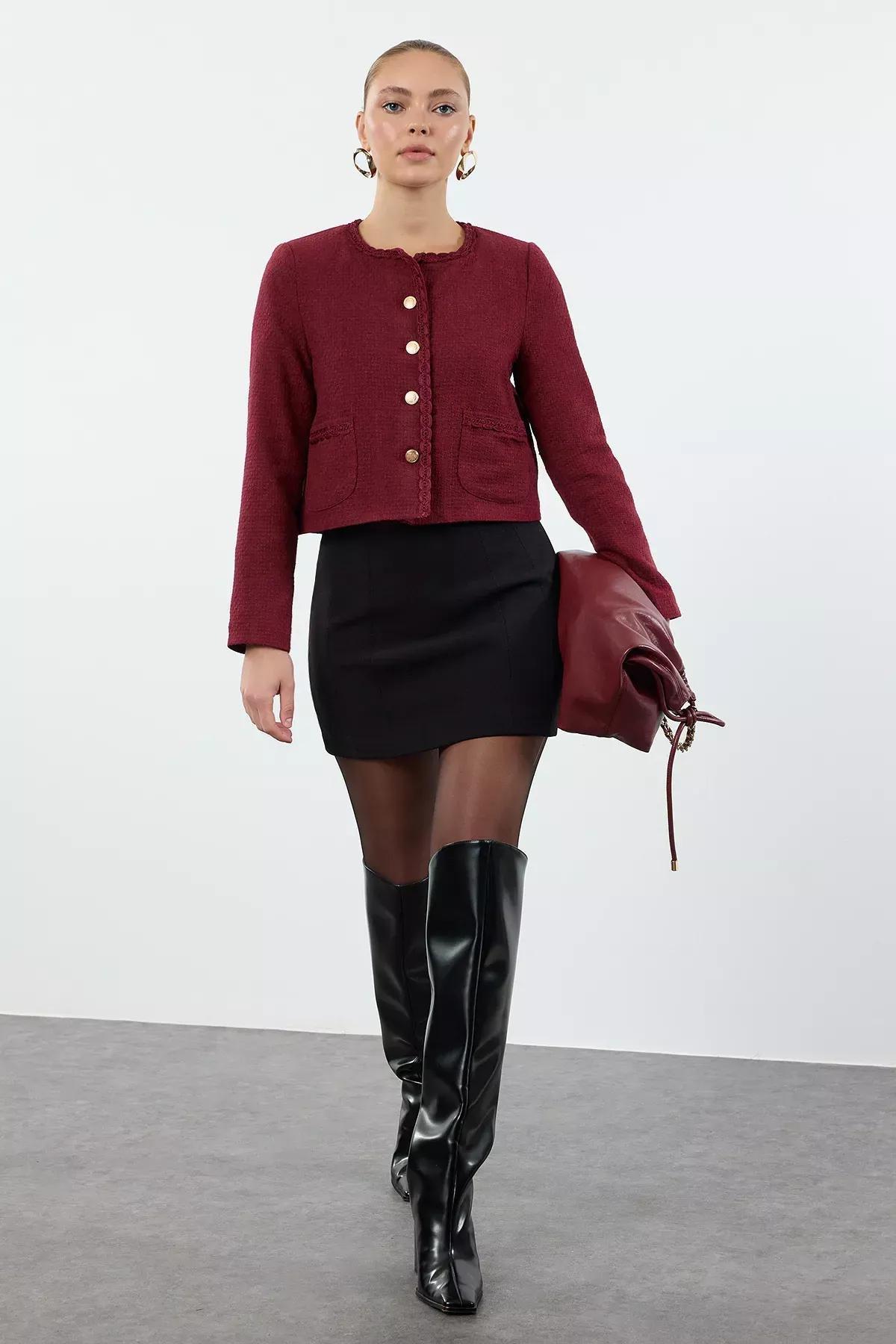 Burgundy Crop Woven Tweed Jacket, , large image number 0