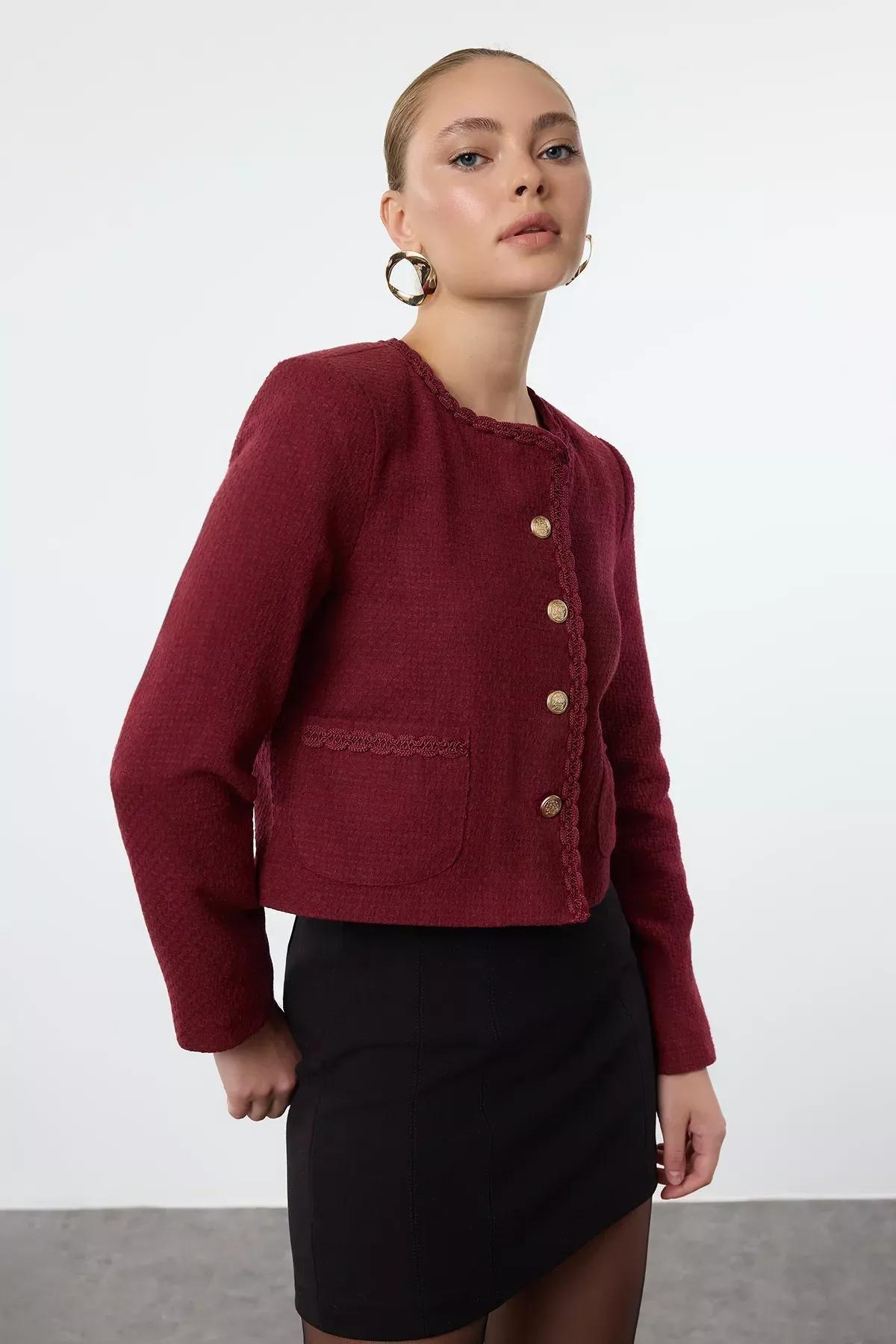 Burgundy Crop Woven Tweed Jacket, , large image number 1