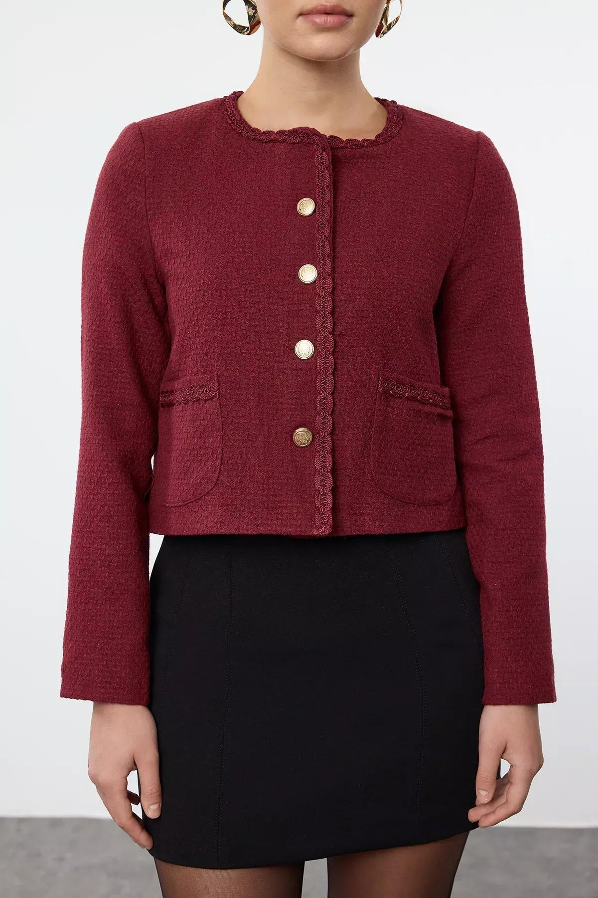 Burgundy Crop Woven Tweed Jacket, , large image number 2