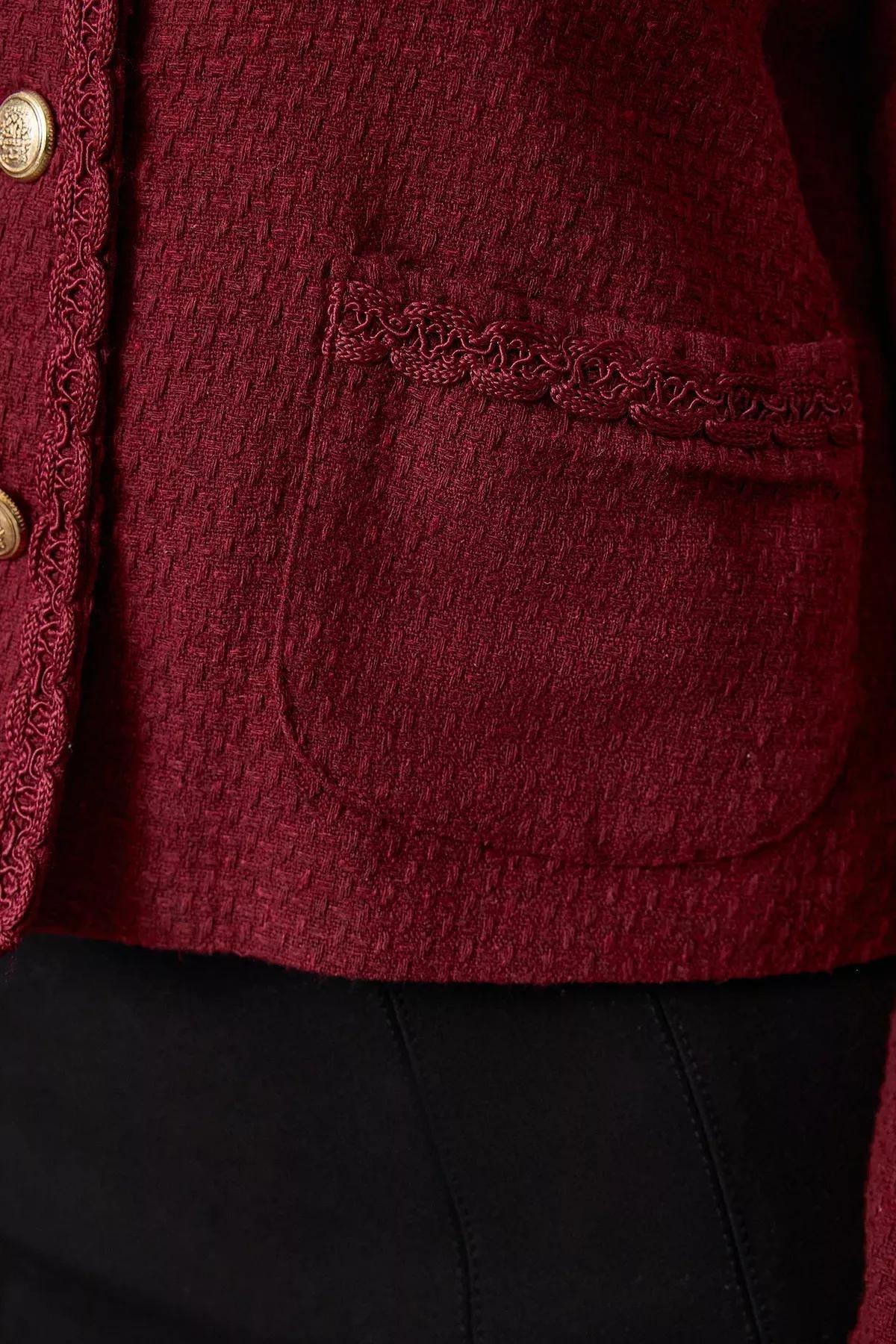 Burgundy Crop Woven Tweed Jacket, , large image number 3