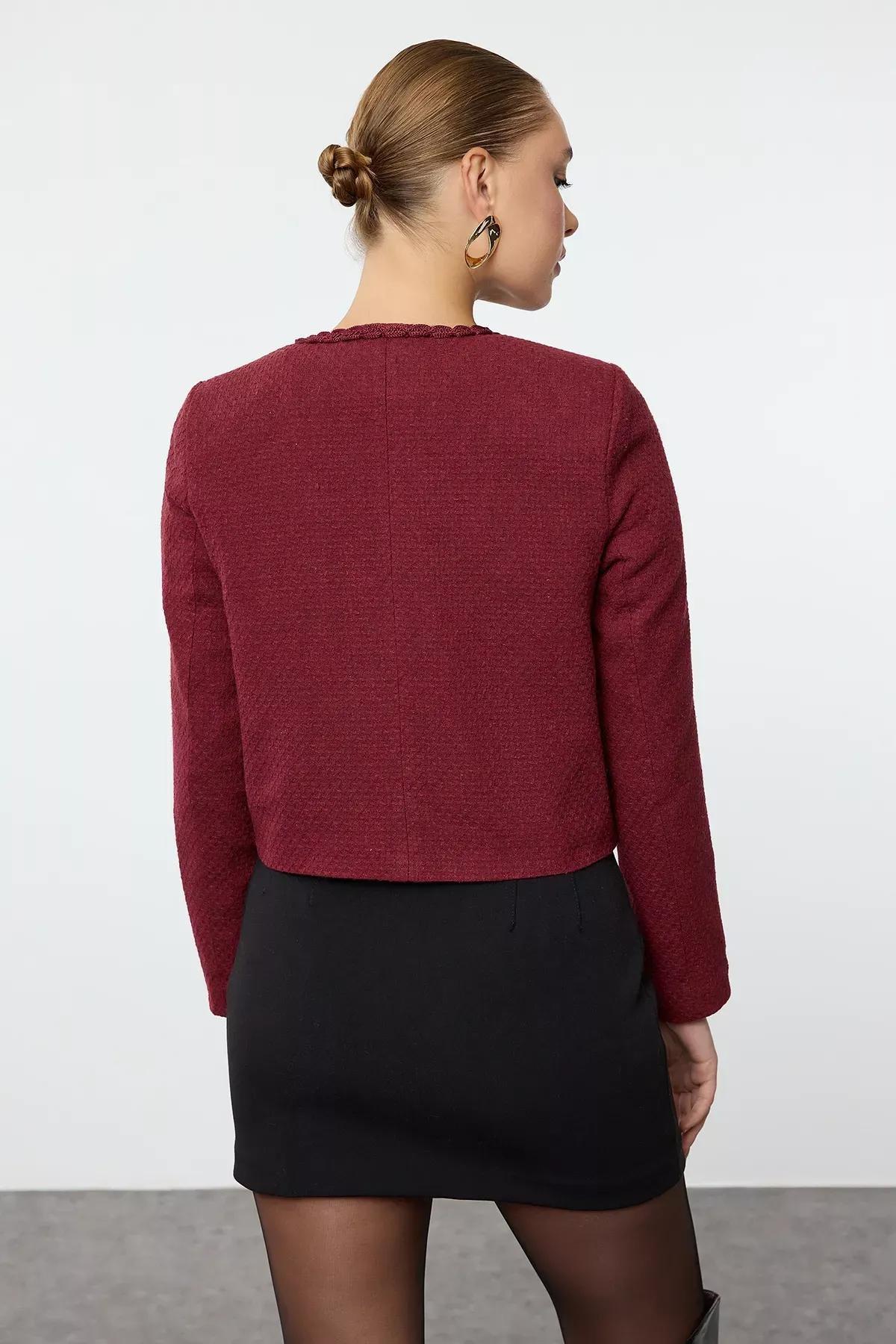 Burgundy Crop Woven Tweed Jacket, , large image number 4